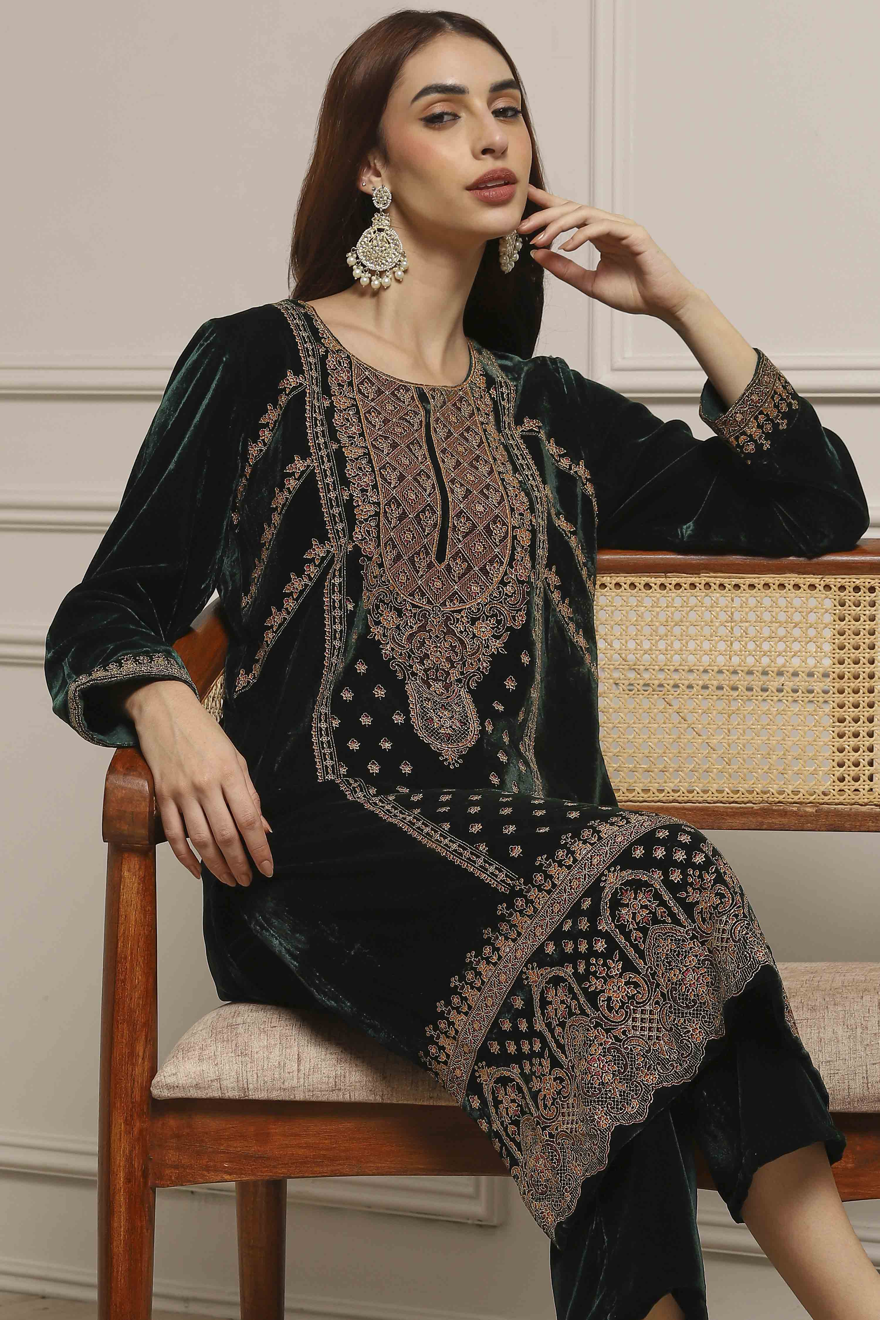Dark Green Velvet Straight Winter Kurta Set image number 0