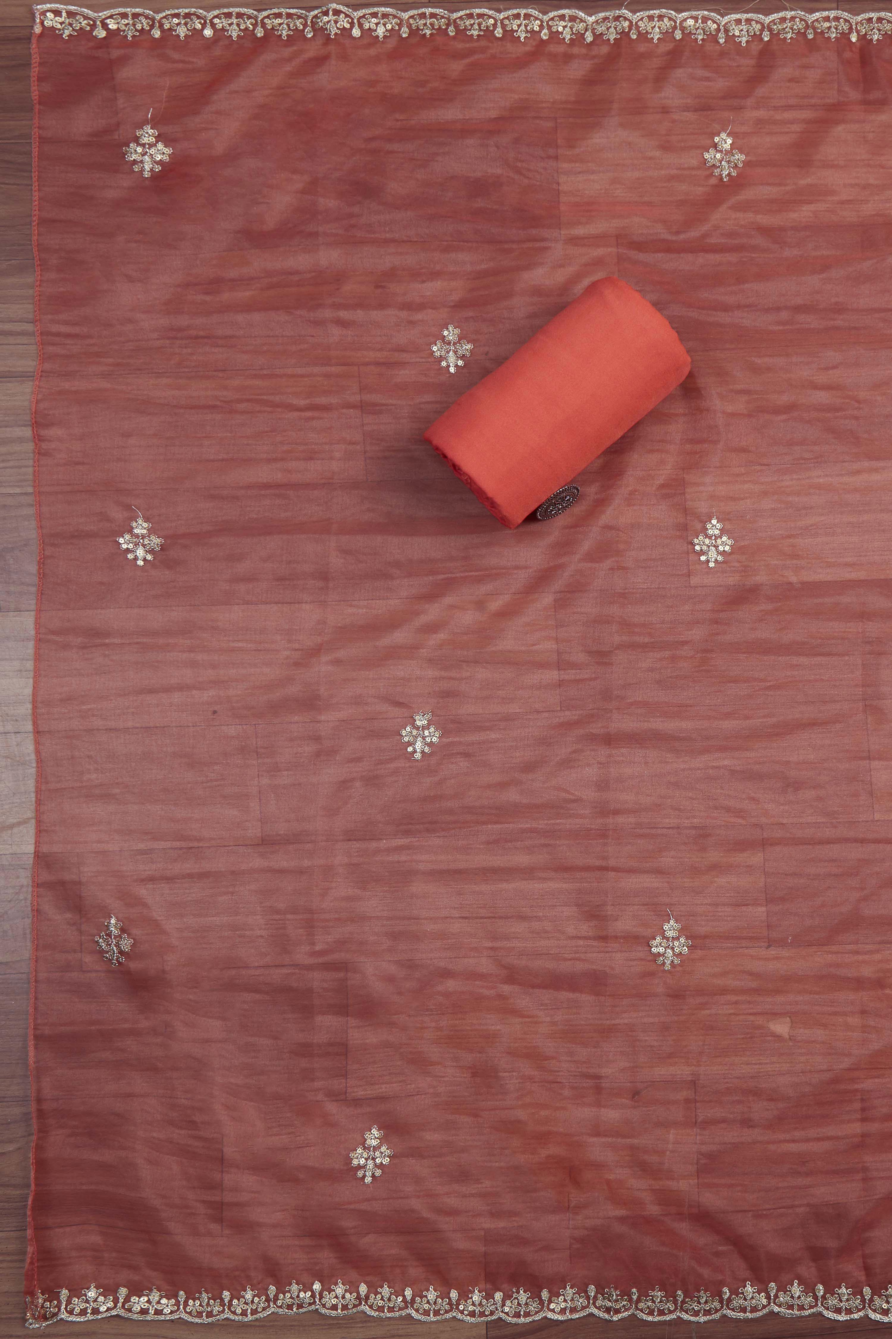 Old-Rose Organza Rajasthani Print Unstitched Suit Set image number 3