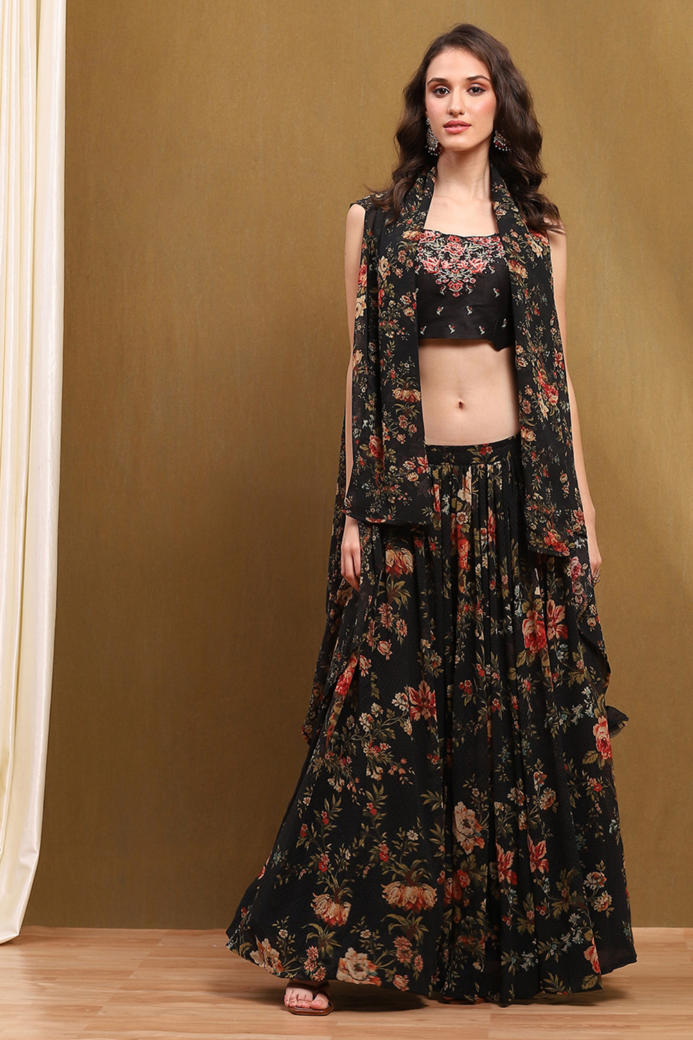 Black Georgette Floral Printed Flared Lehenga Set image number 6