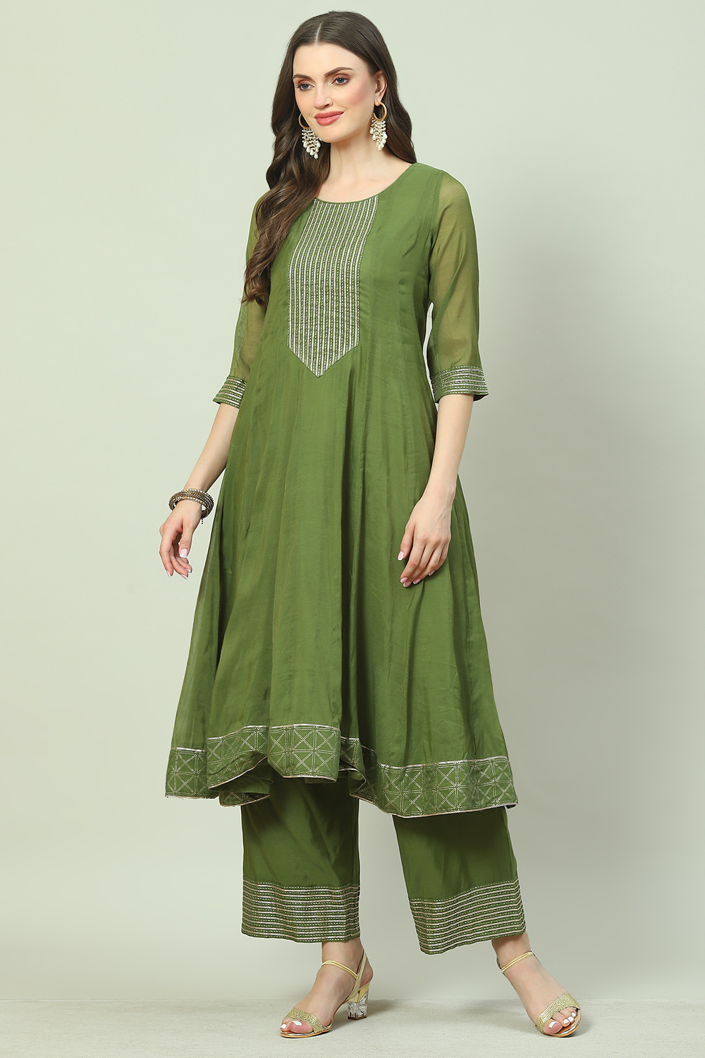 Green Art Silk Flared 2 Piece Set image number 2