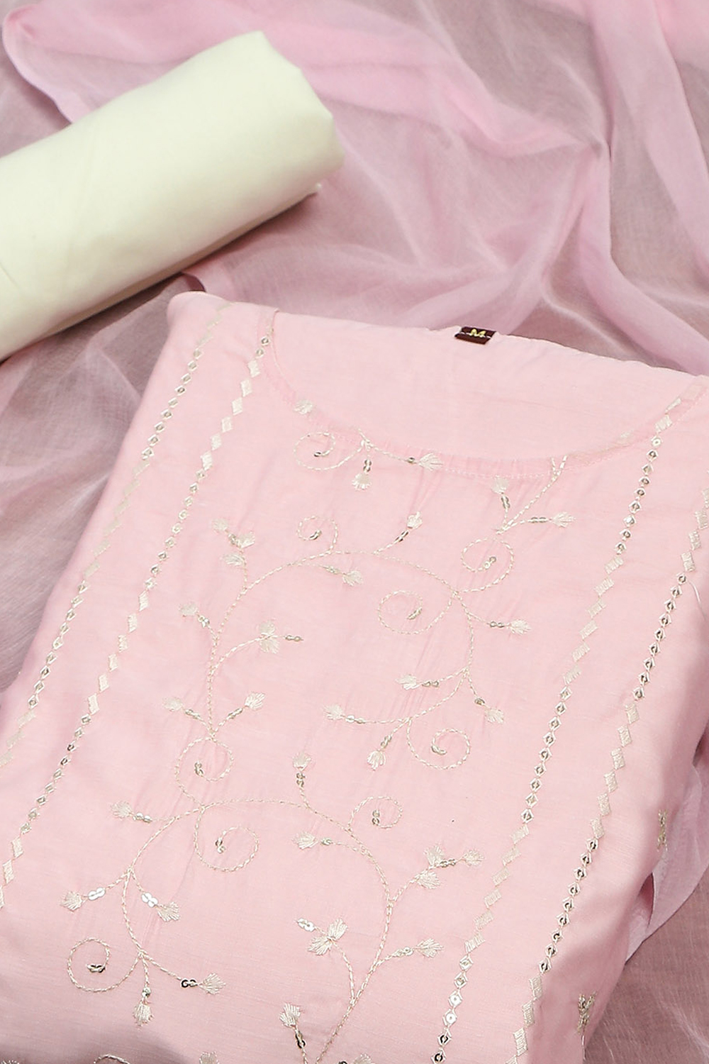 Peach Modal Satin Machine Embroidered Unstitched Suit Set image number 1