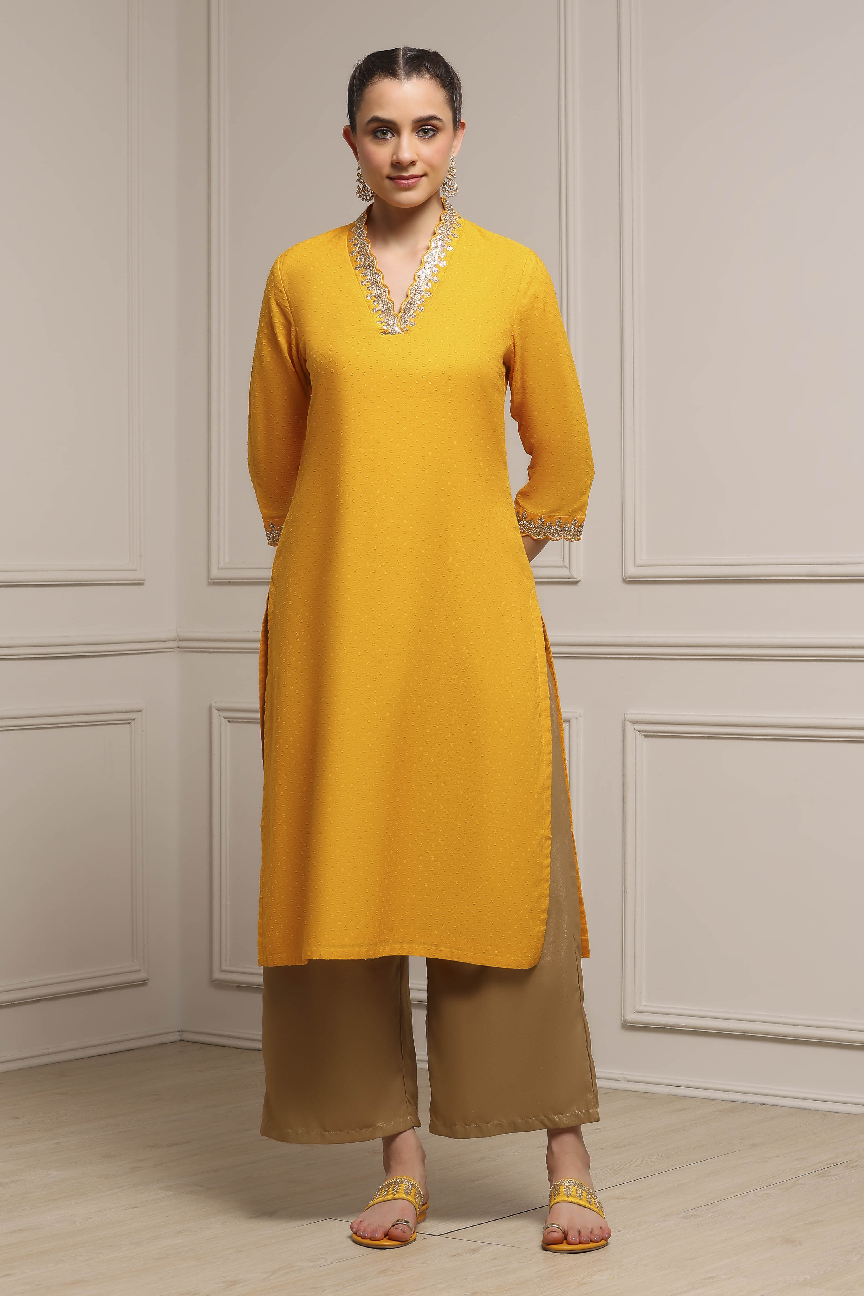 Yellow Cotton Yarndyed Straight Kurta image number 0