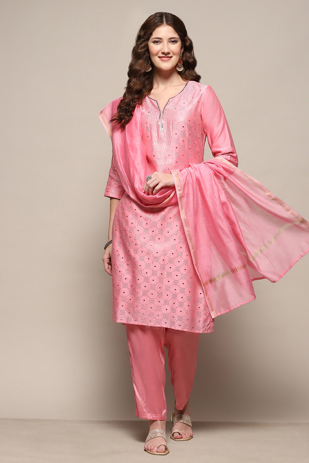 Pink Yard-Dyed Chanderi Kurta & Pants Suit Set image number 0