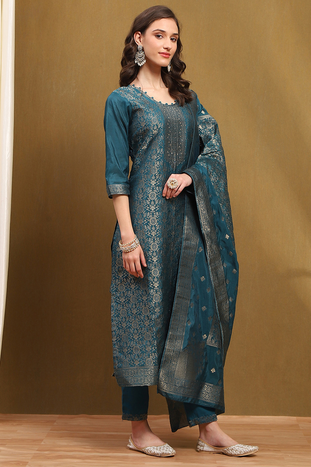 Mustard Yellow Silk Blend Woven Unstitched Suit Set image number 3