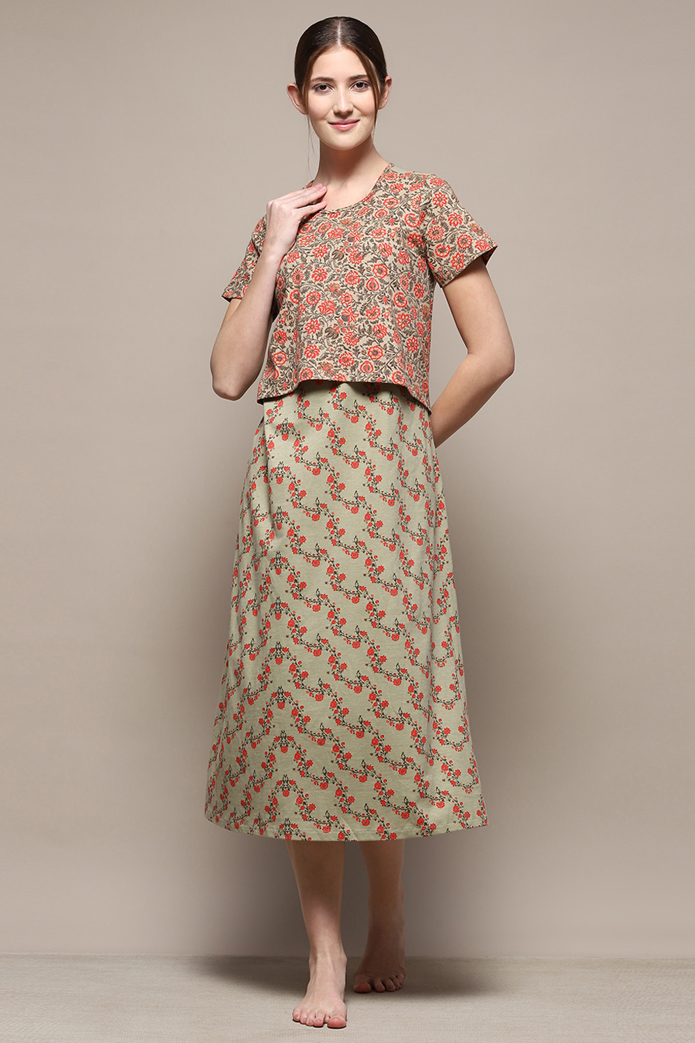 Sage Green Cotton Blend Printed Nightdress image number 0