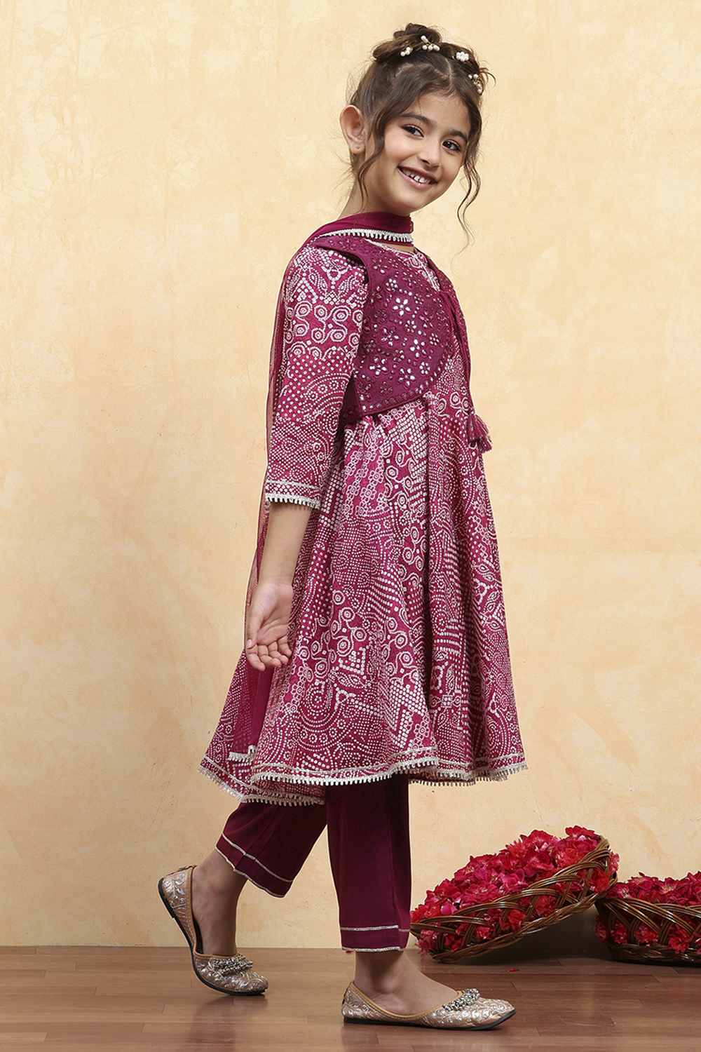 Purple Cotton Printed Anarkali Suit Set image number 5
