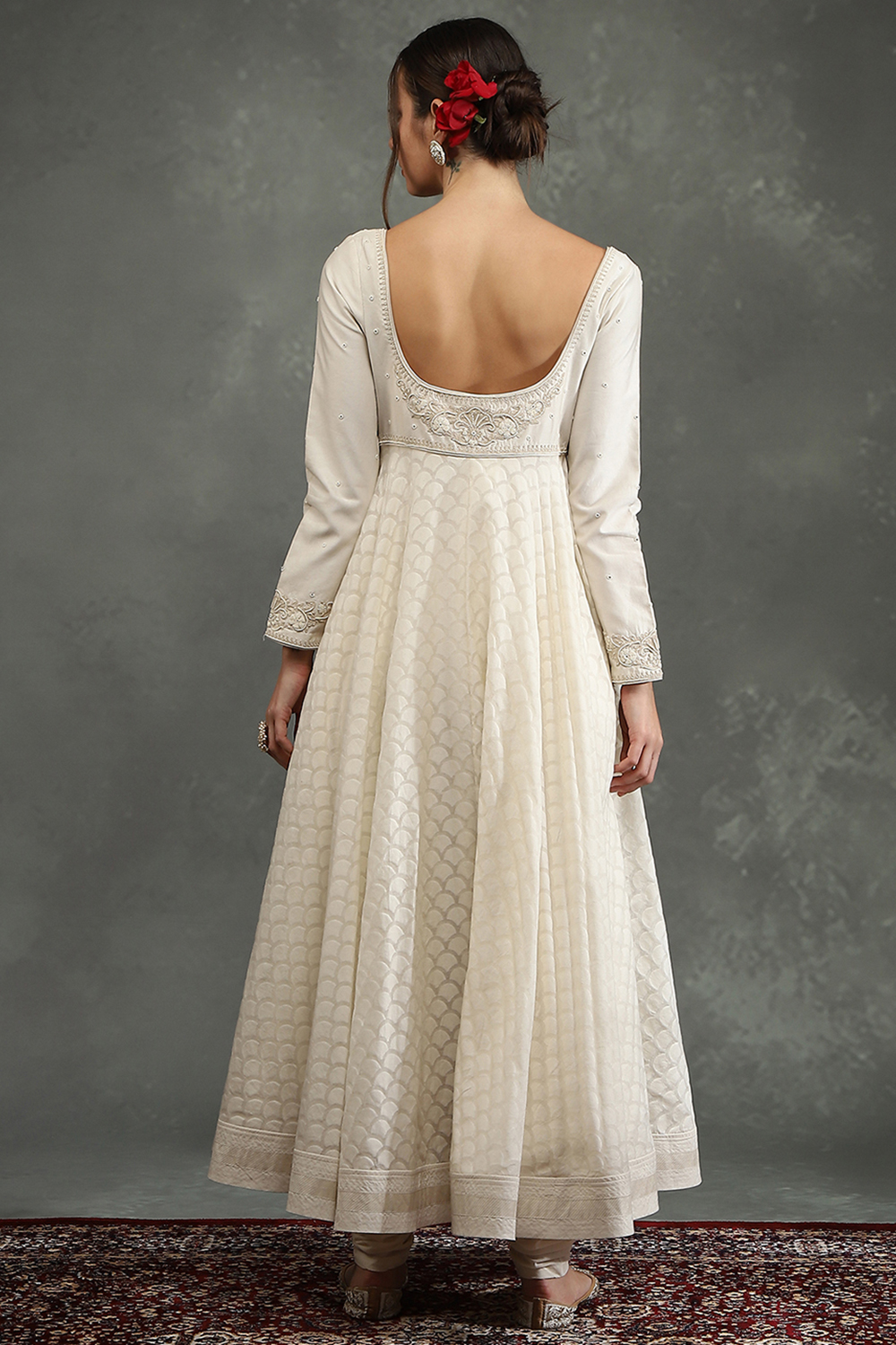 Cream-Toned Silk Chanderi Floral Anarkali Suit Set image number 3