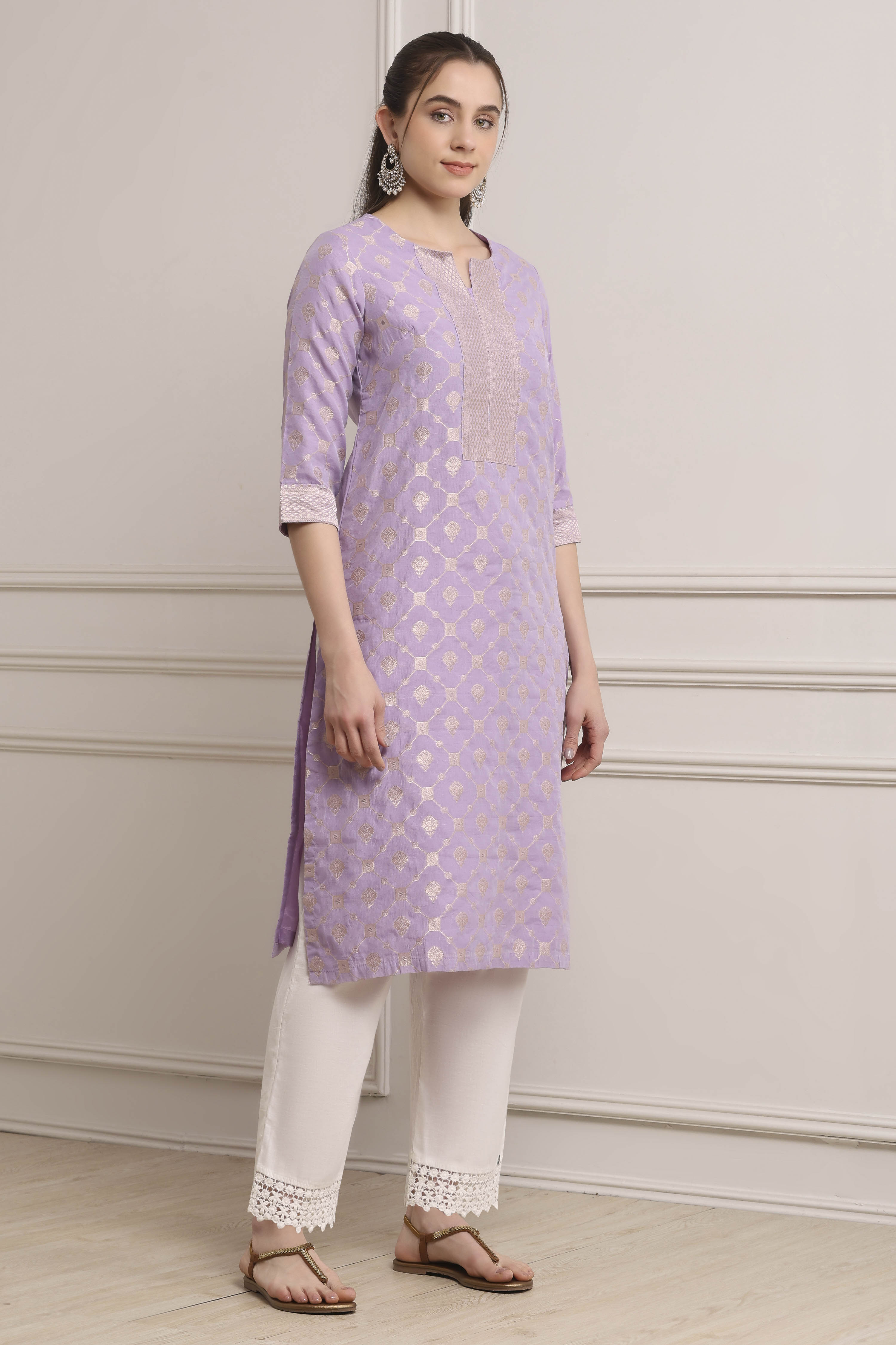Lilac Poly Cotton Straight Kurta Pants Set image number 5
