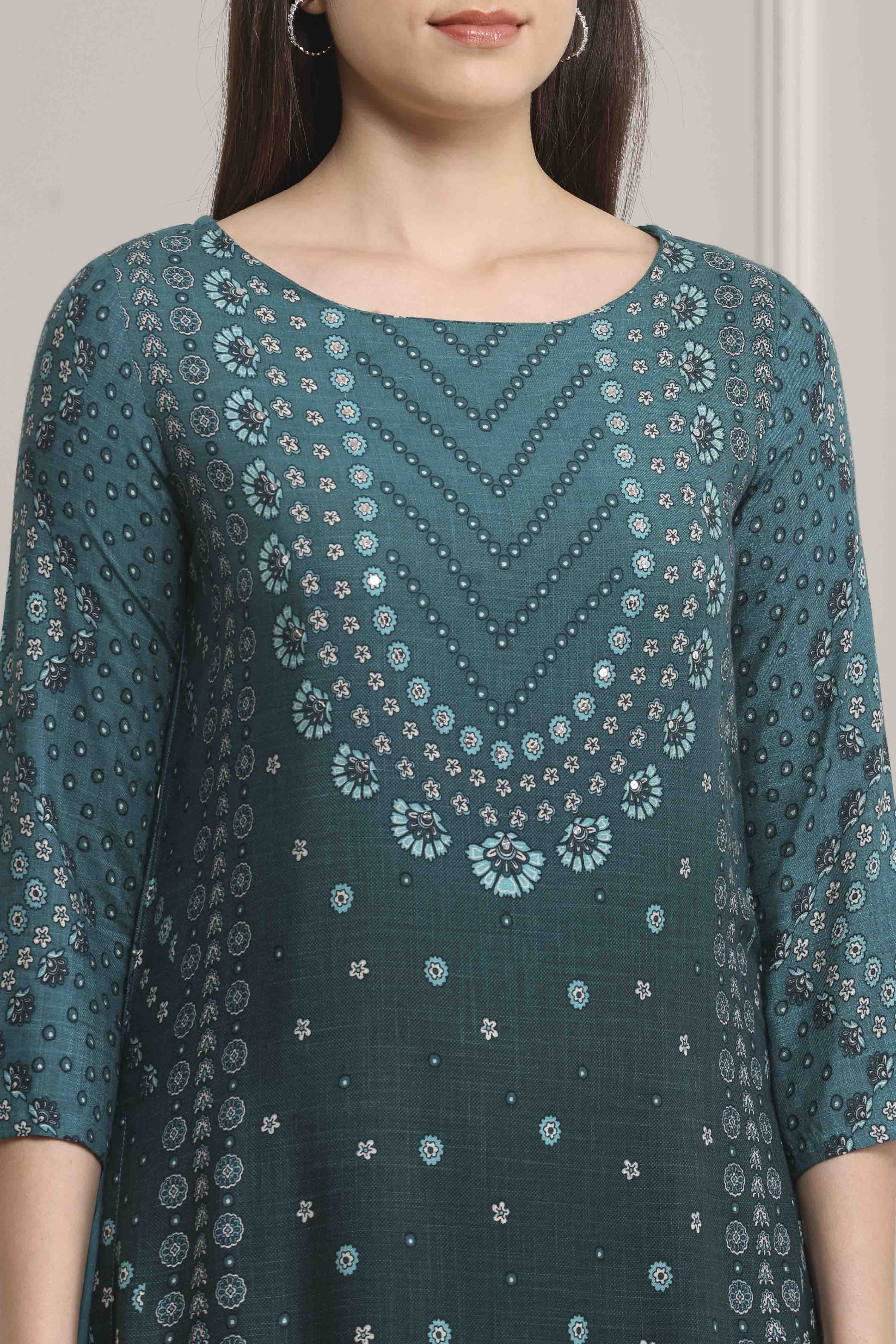 Blue Viscose Rayon Flared Kurta Pants Set image number 1