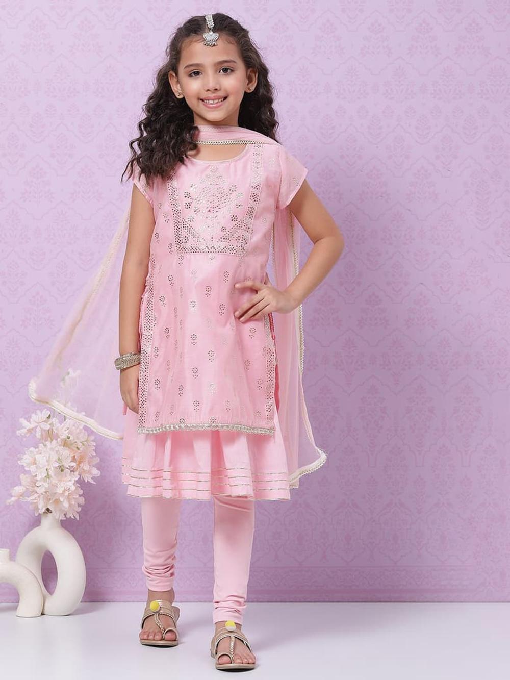 Pink Cotton Blend Flared Kurta Churidar Suit Set image number 0