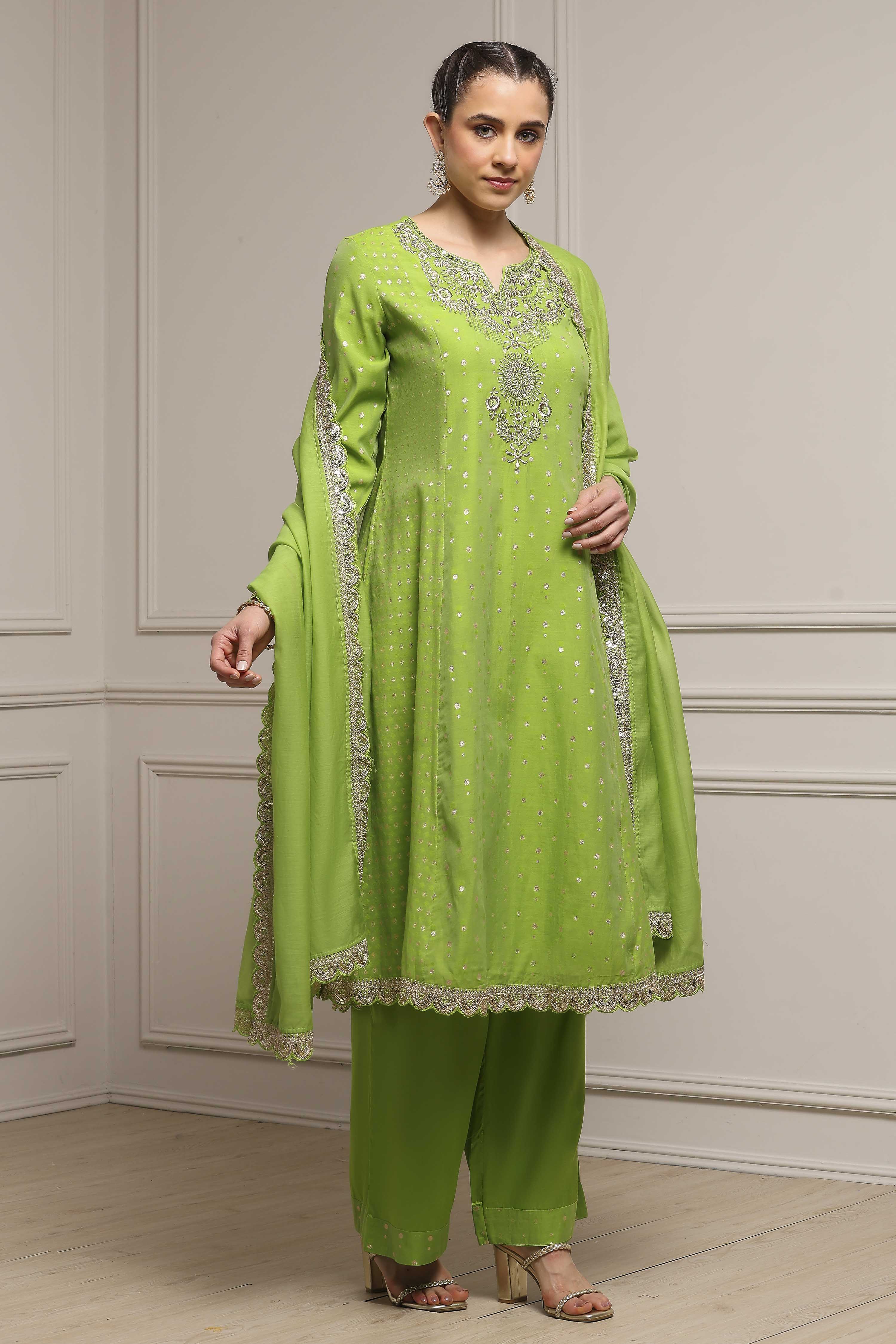 Lime Green Cotton A-Line Yarndyed Suit Set image number 5