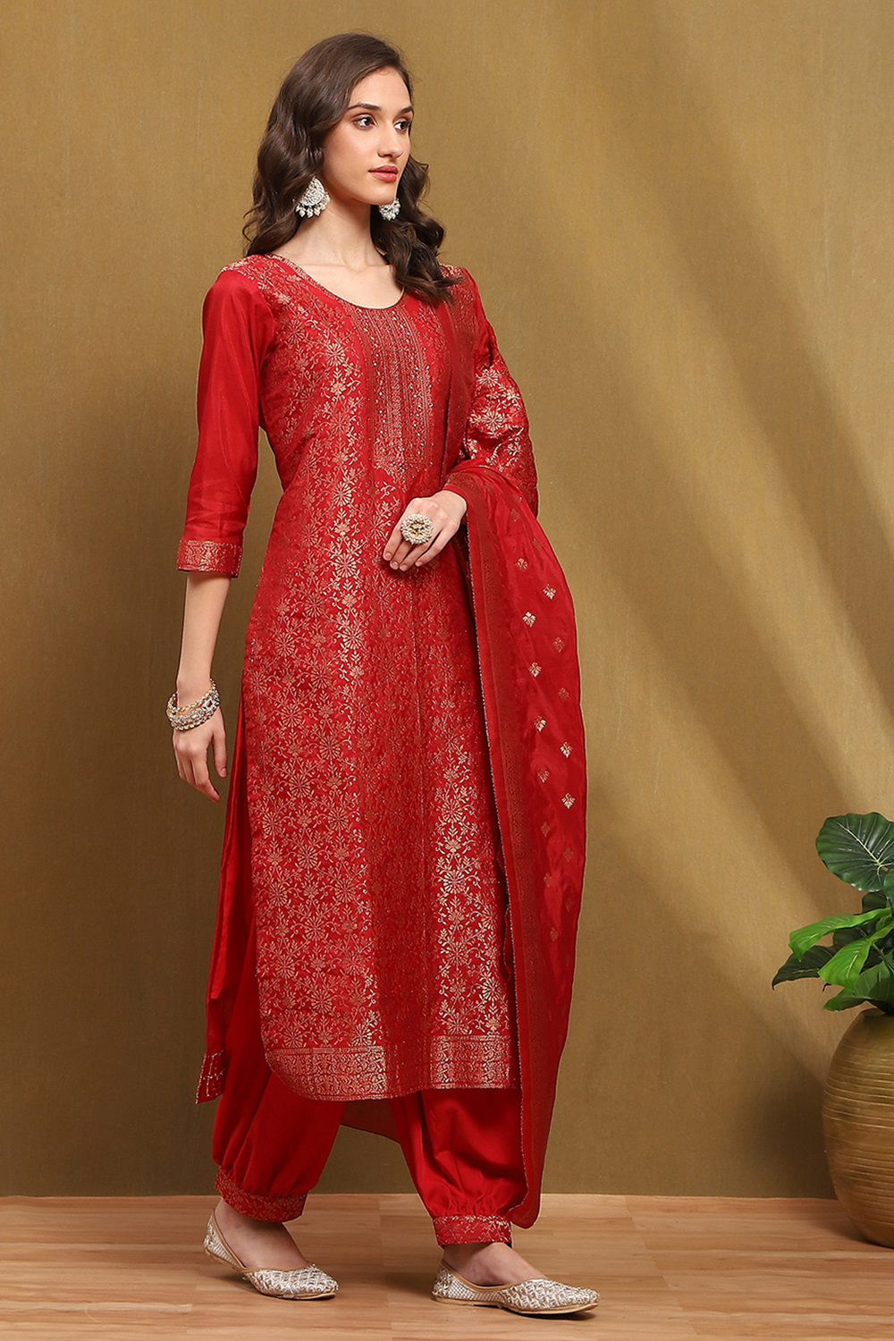 Mustard Yellow Silk Blend Woven Unstitched Suit Set image number 3