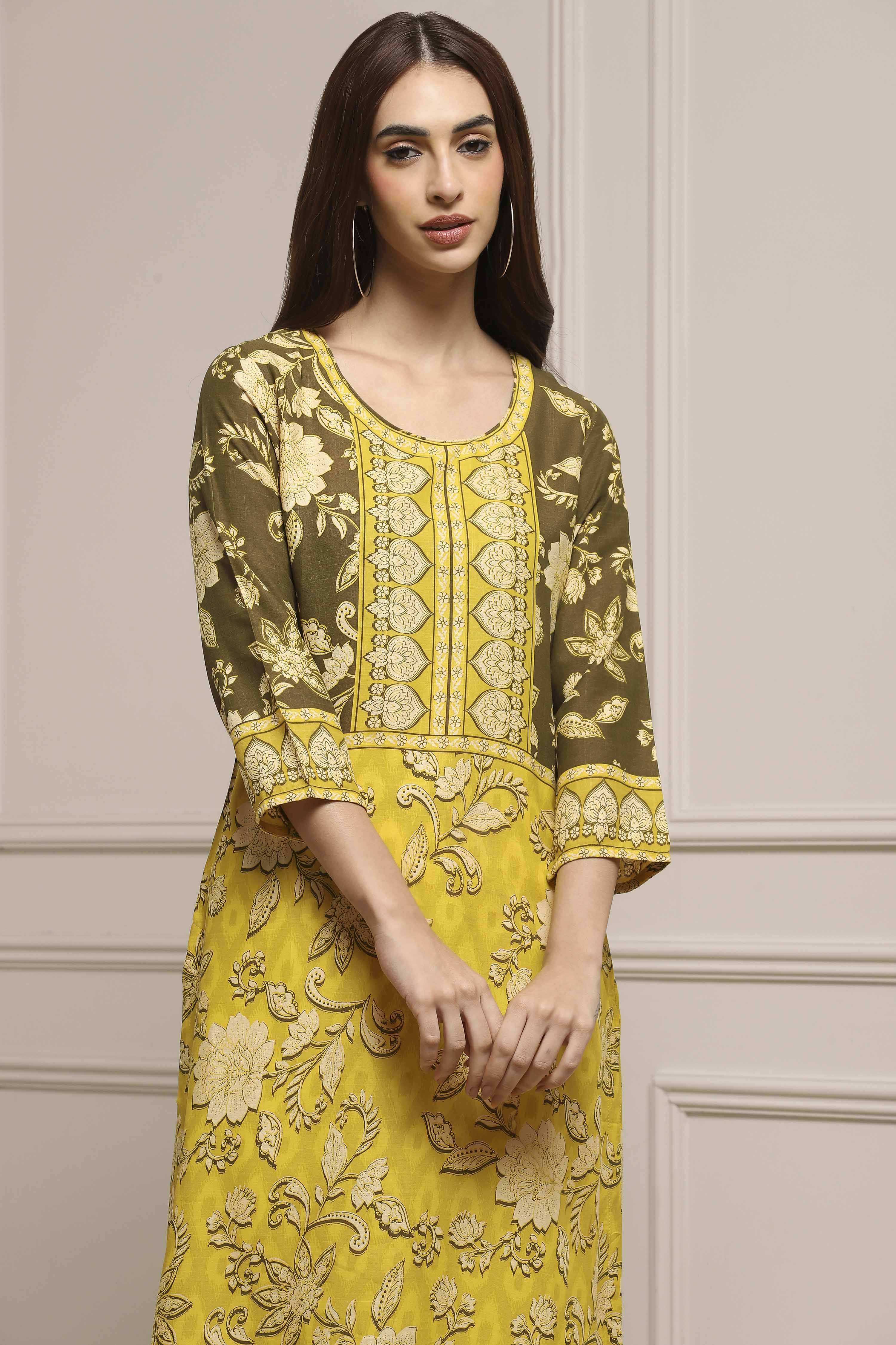Olive Green LIVA Straight Printed Kurta image number 6