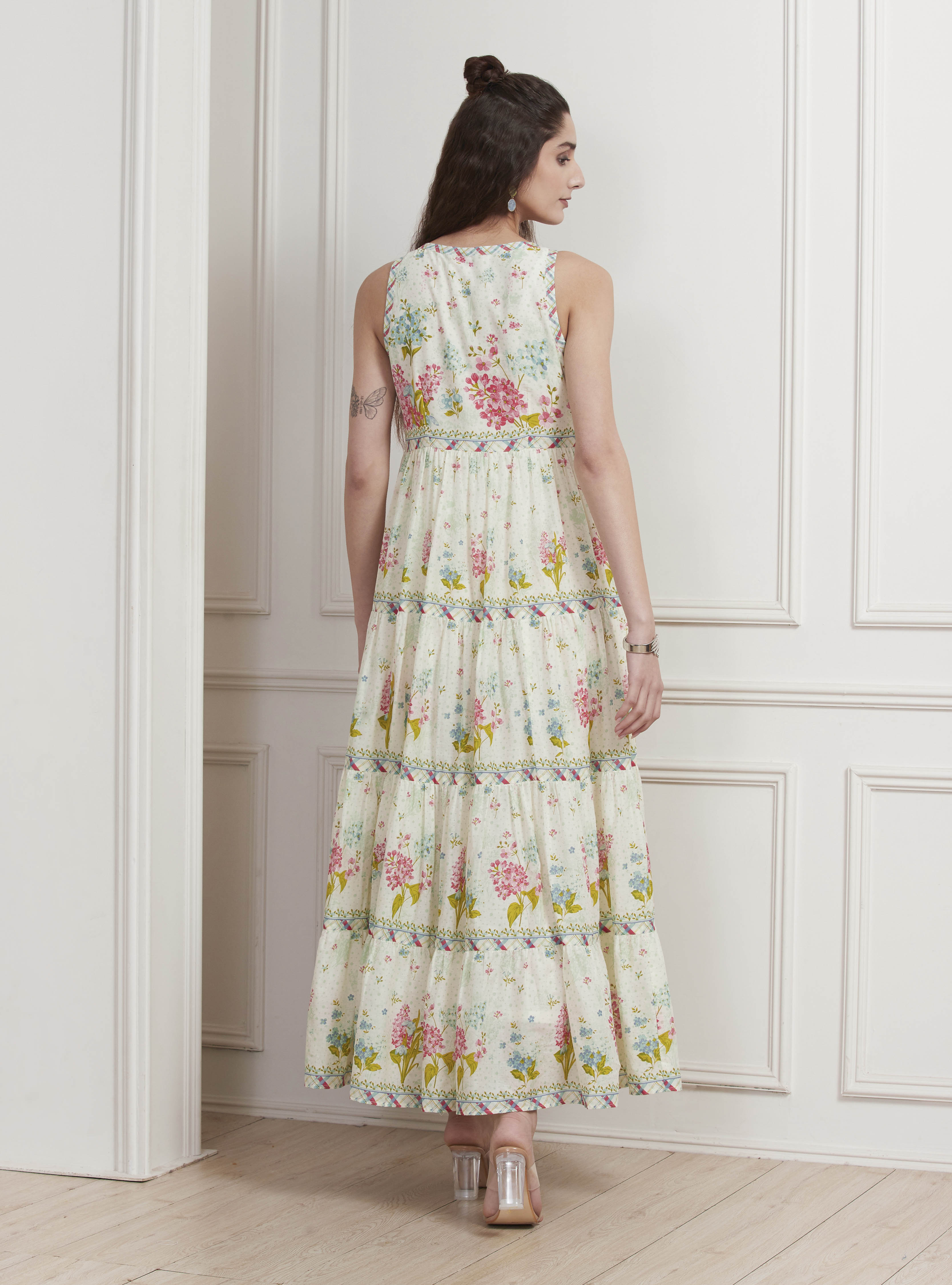 Off-White Cotton Printed Tiered Dress image number 3