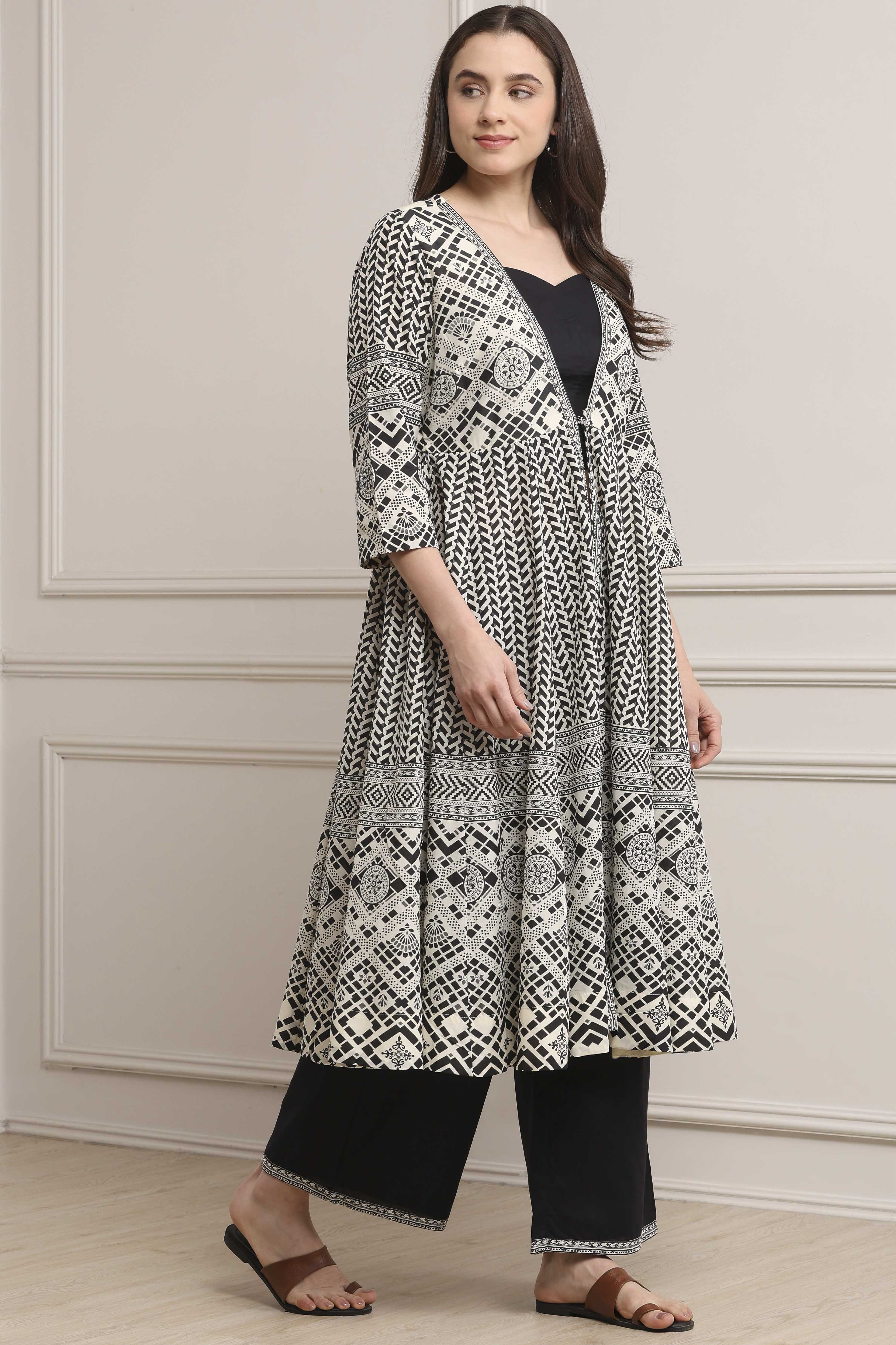 White and Black Cotton Printed Anarkali Fusion Set image number 6