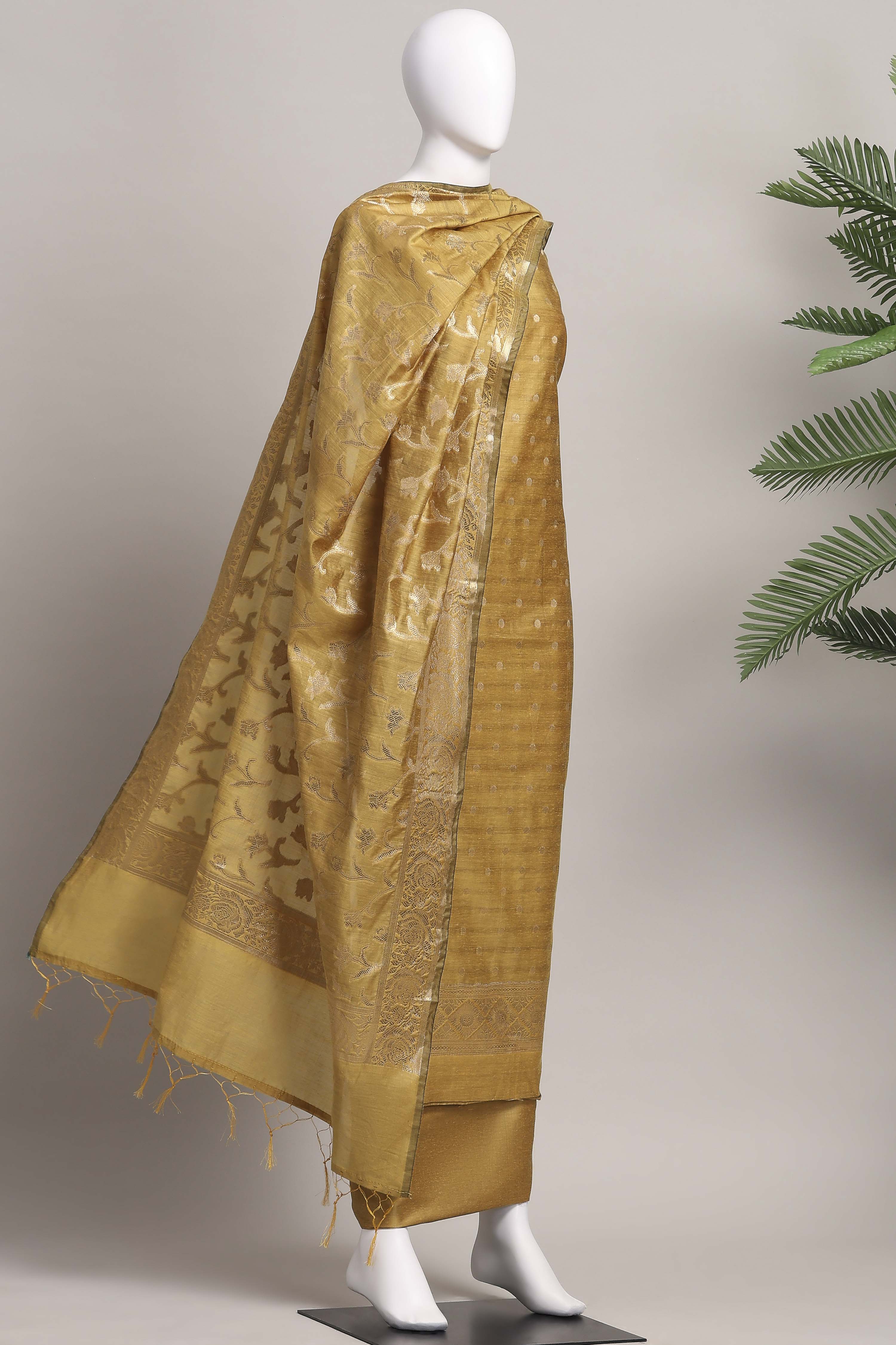 Red Banarasi Chanderi Banarasi Print Unstitched Suit Set image number 4