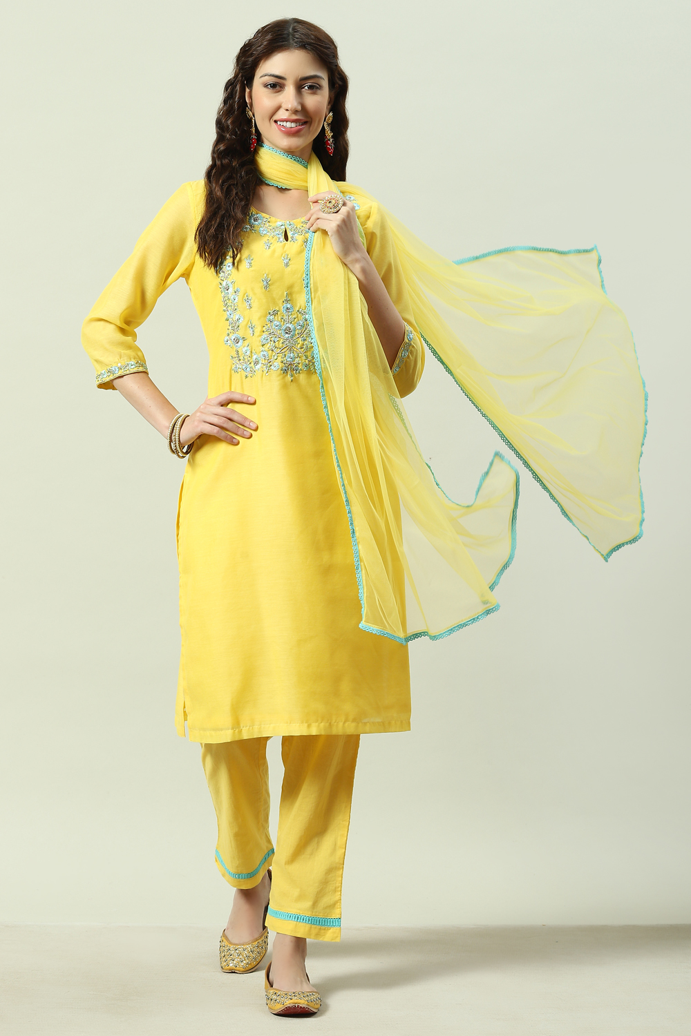 Turquoise Yarndyed A-Line Kurta Regular Pants Suit Set image number 0