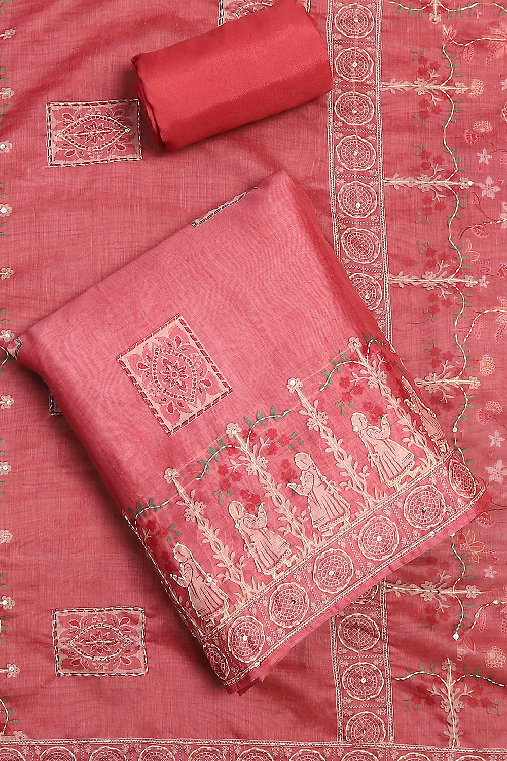 Green Chanderi Hand Embroidered Unstitched Suit Set image number 0