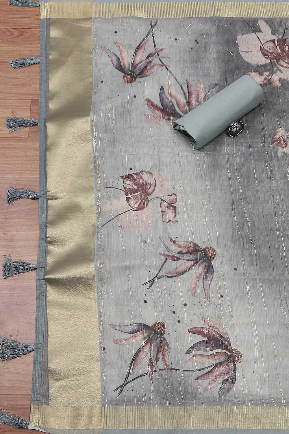 Mint Green Chanderi Double Dupatta Unstitched Suit Set image number 3