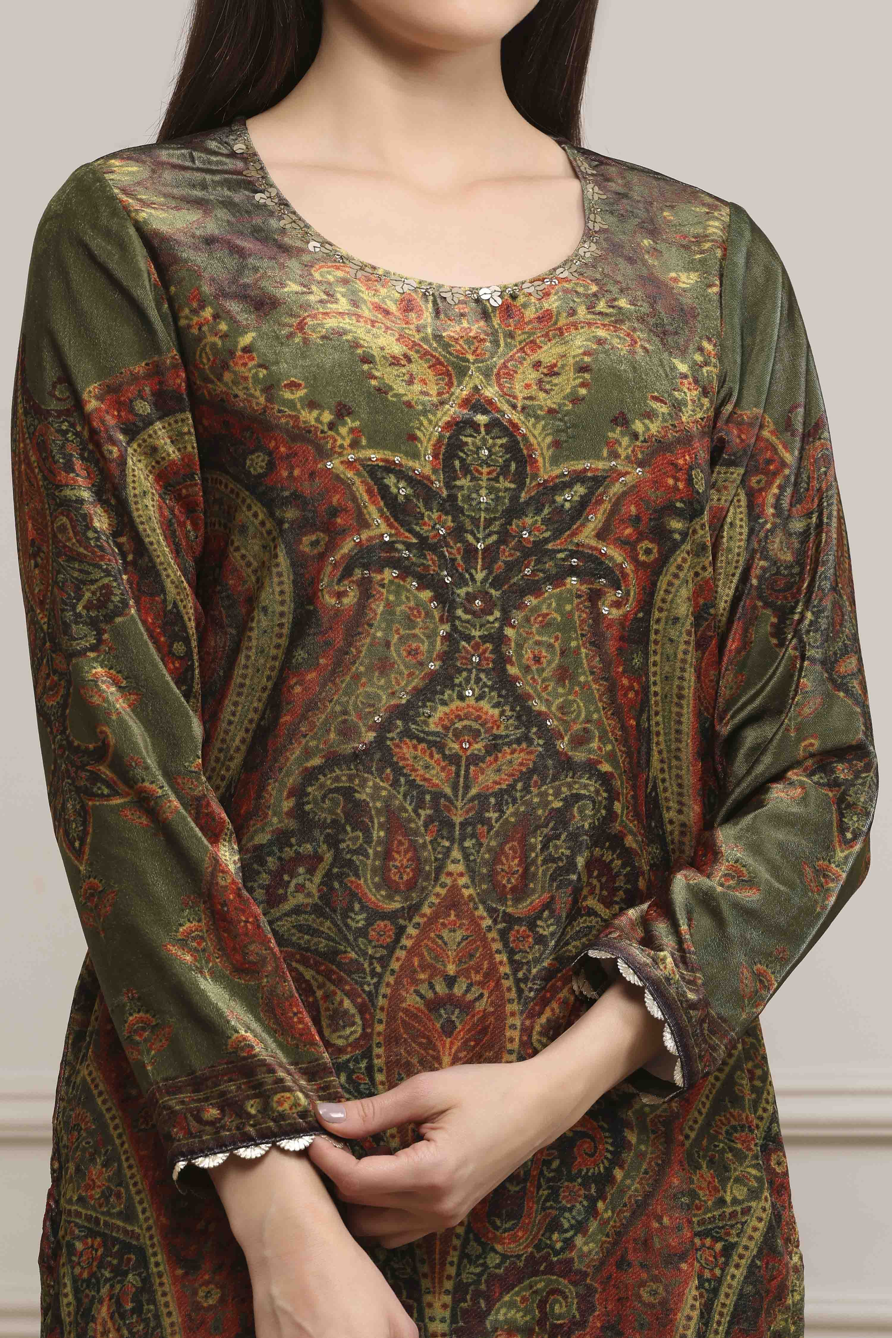 Green Polyester Straight Printed Kurta Set image number 1