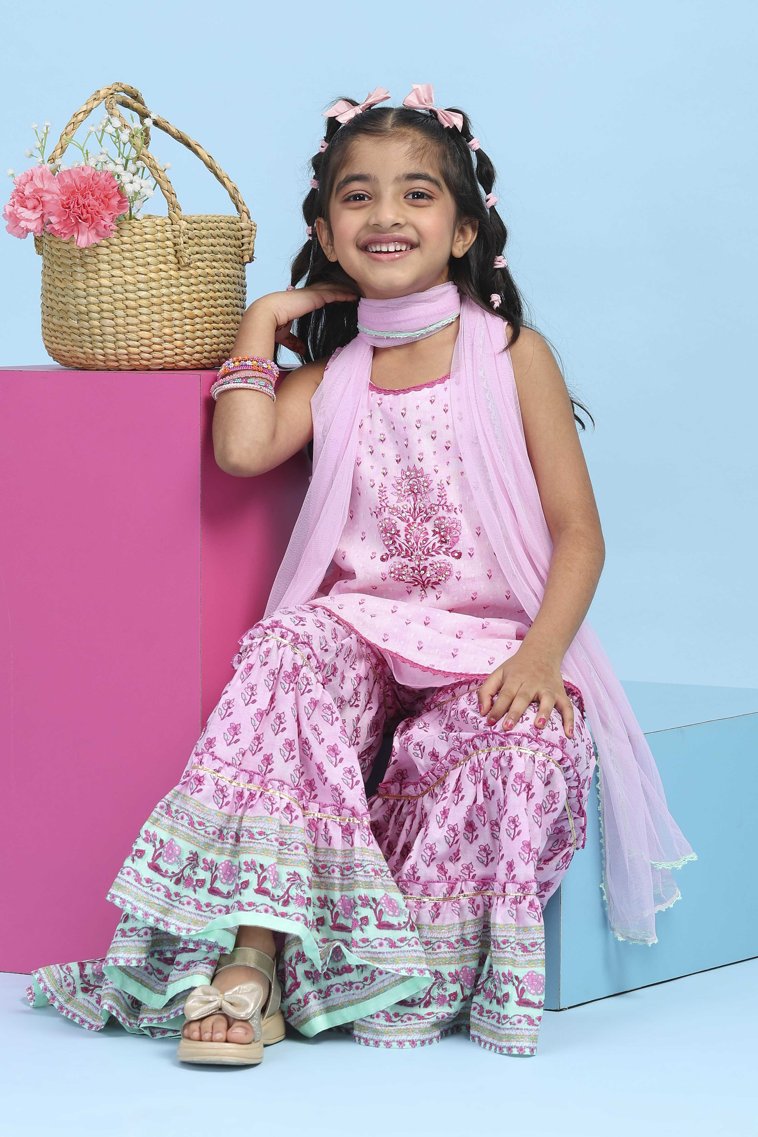 Pink Cotton Printed Straight Garara Suit Set image number 0