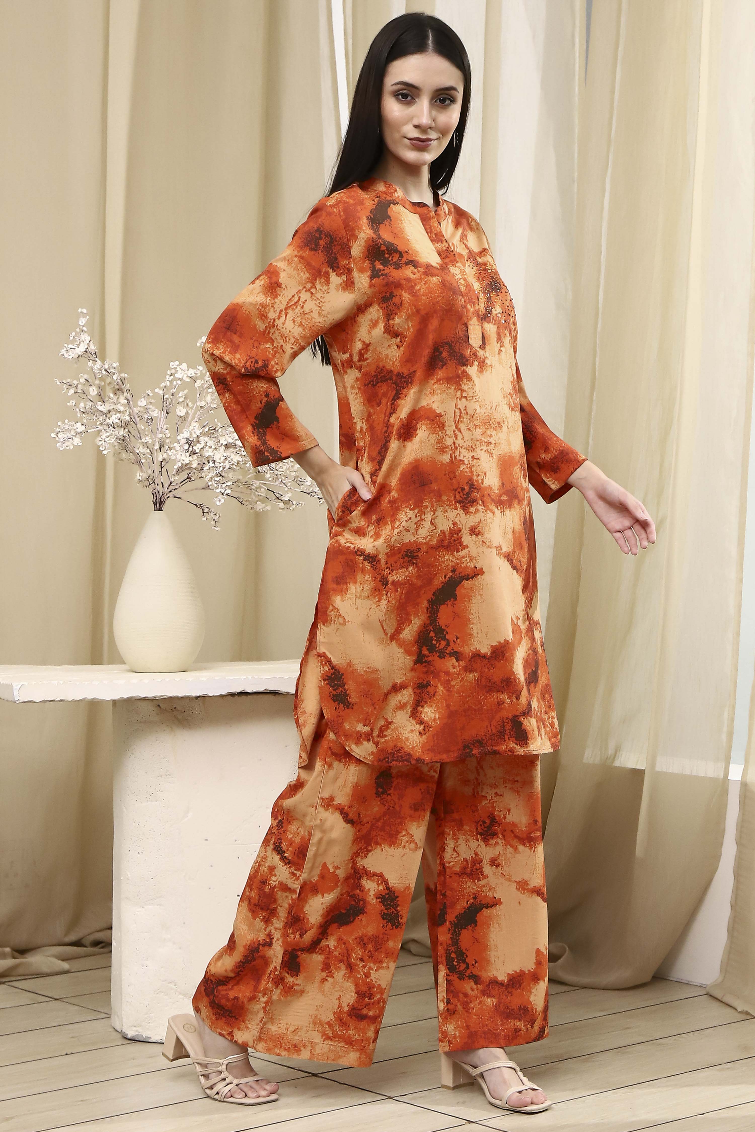 Orange Printed Straight Co-ord Set image number 5