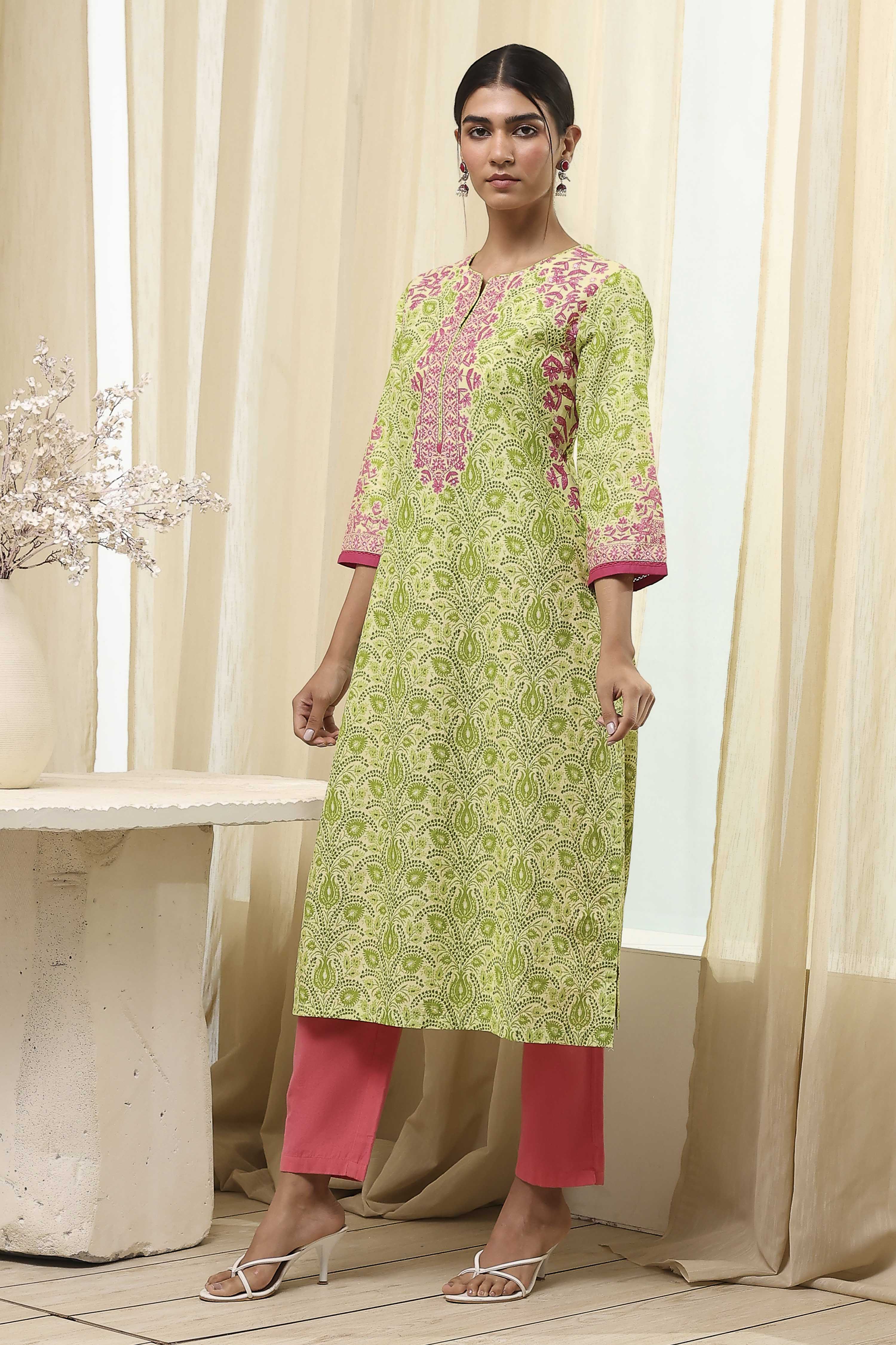 Green Cotton Printed Straight Kurta image number 2