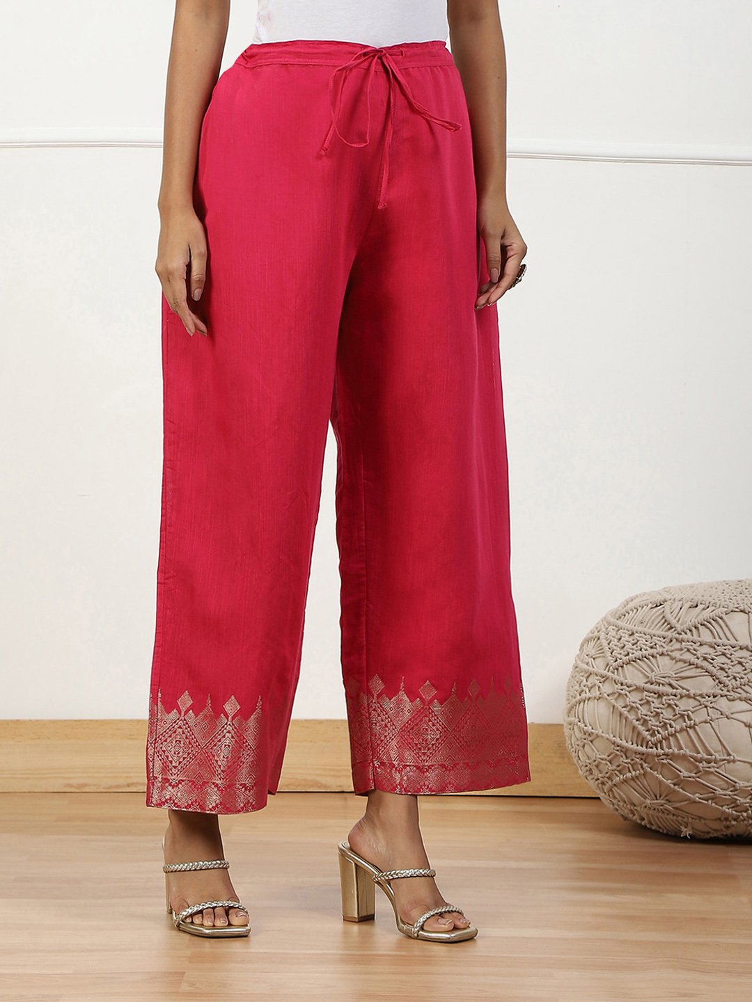 Blue Jacquard Solid Straight Palazzo Pants image number 3
