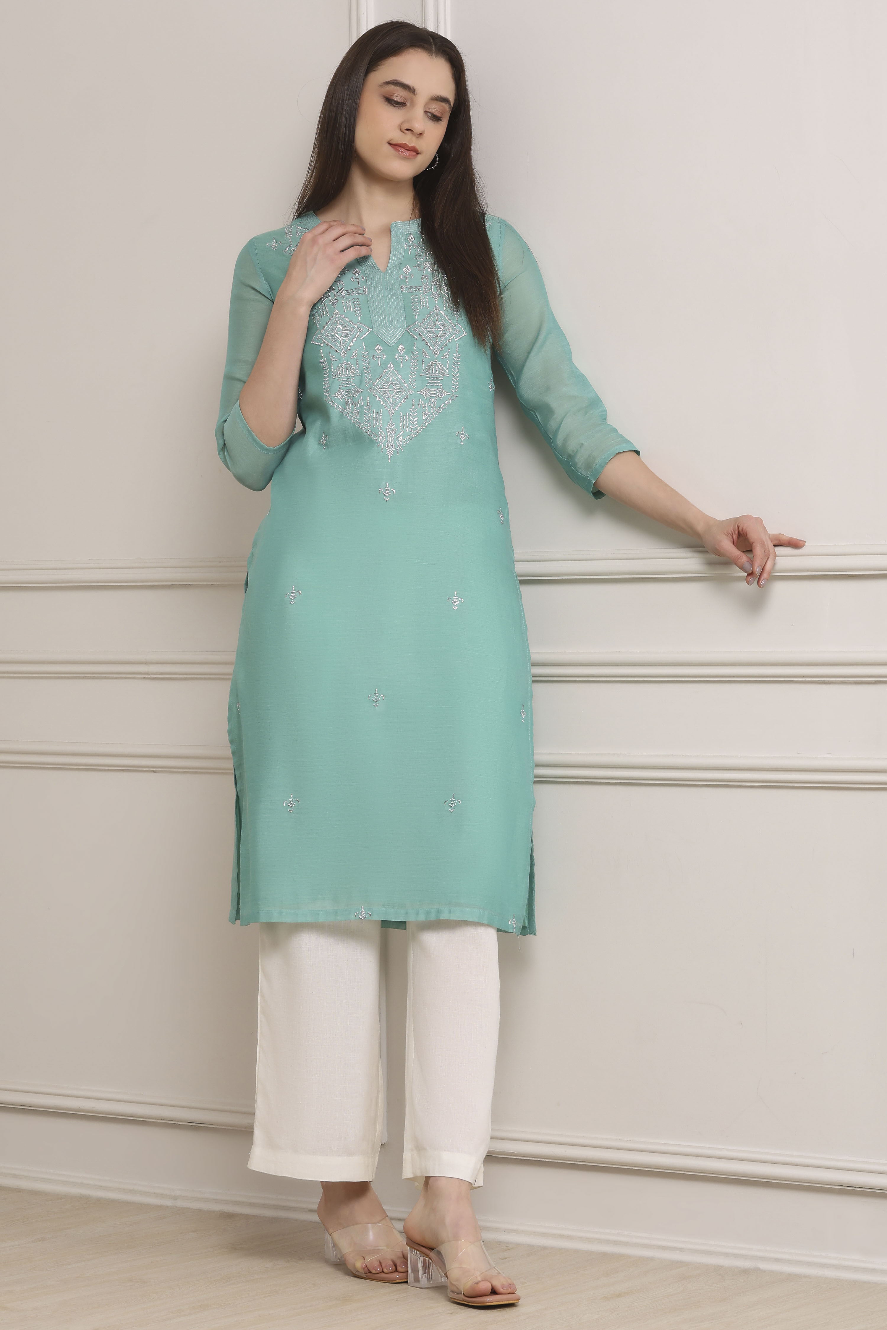 Sea Green Polyester Straight Kurta Pants Set image number 0