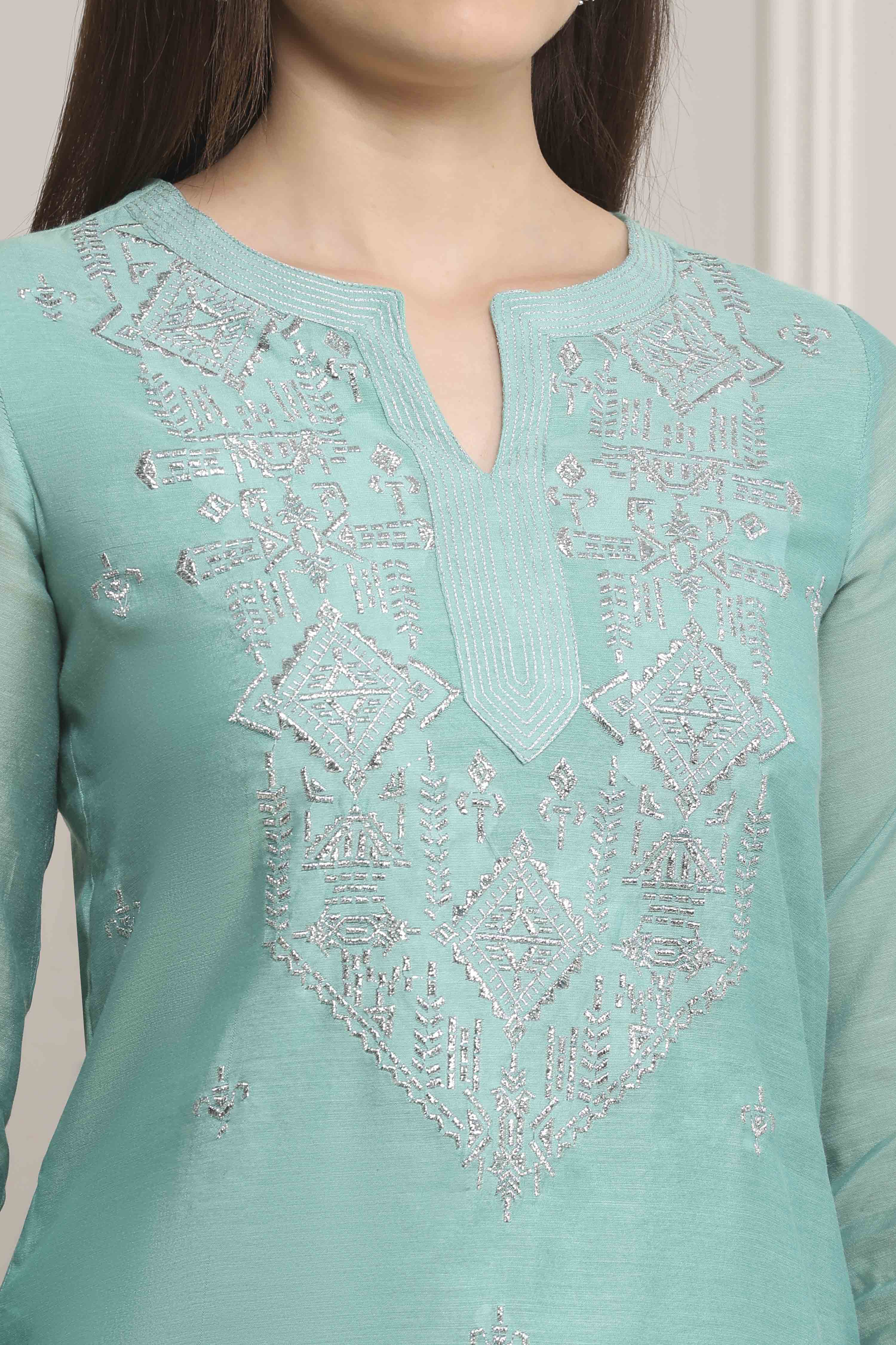 Sea Green Polyester Straight Kurta Pants Set image number 1