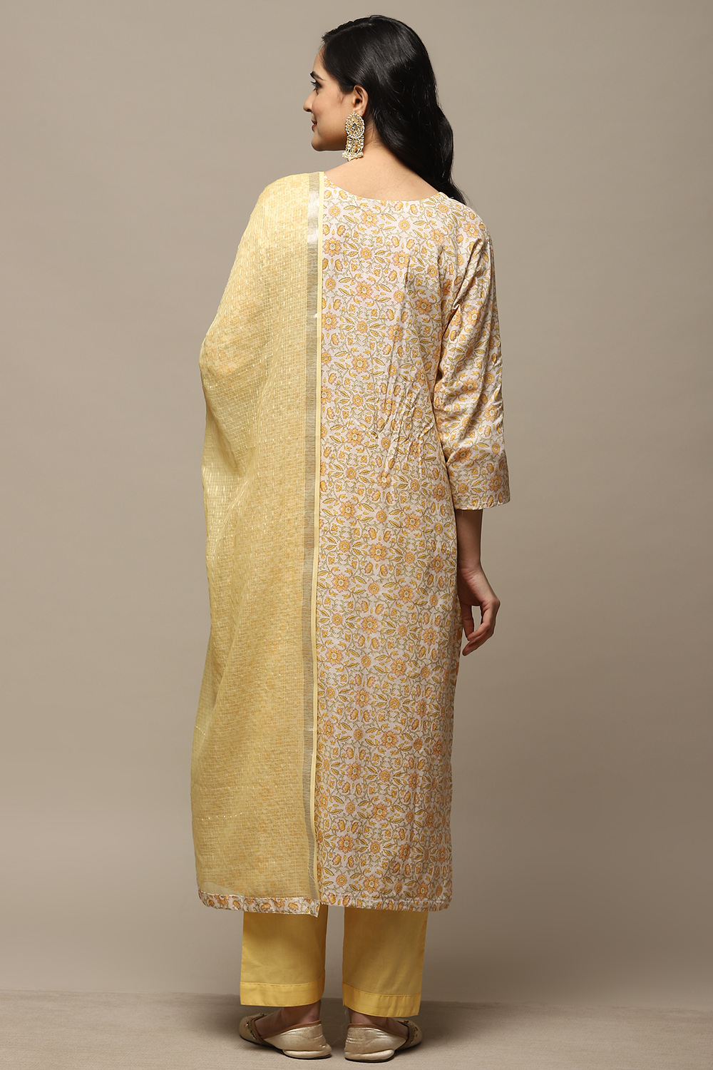 Yellow Cotton Handloom Unstitched Suit Set image number 3