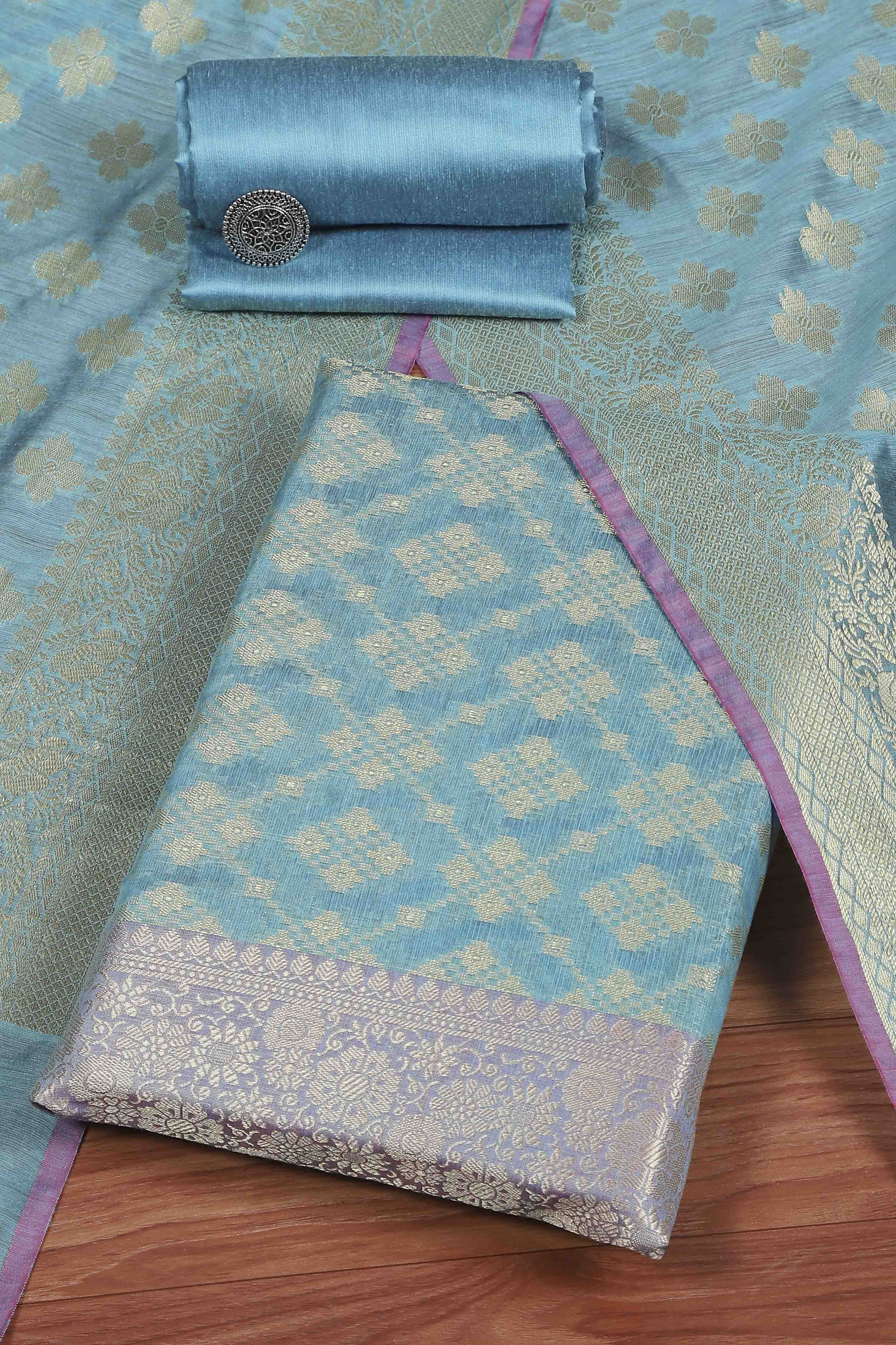 Green Cotton Printed Embroidered Unstitched Suit Set image number 0