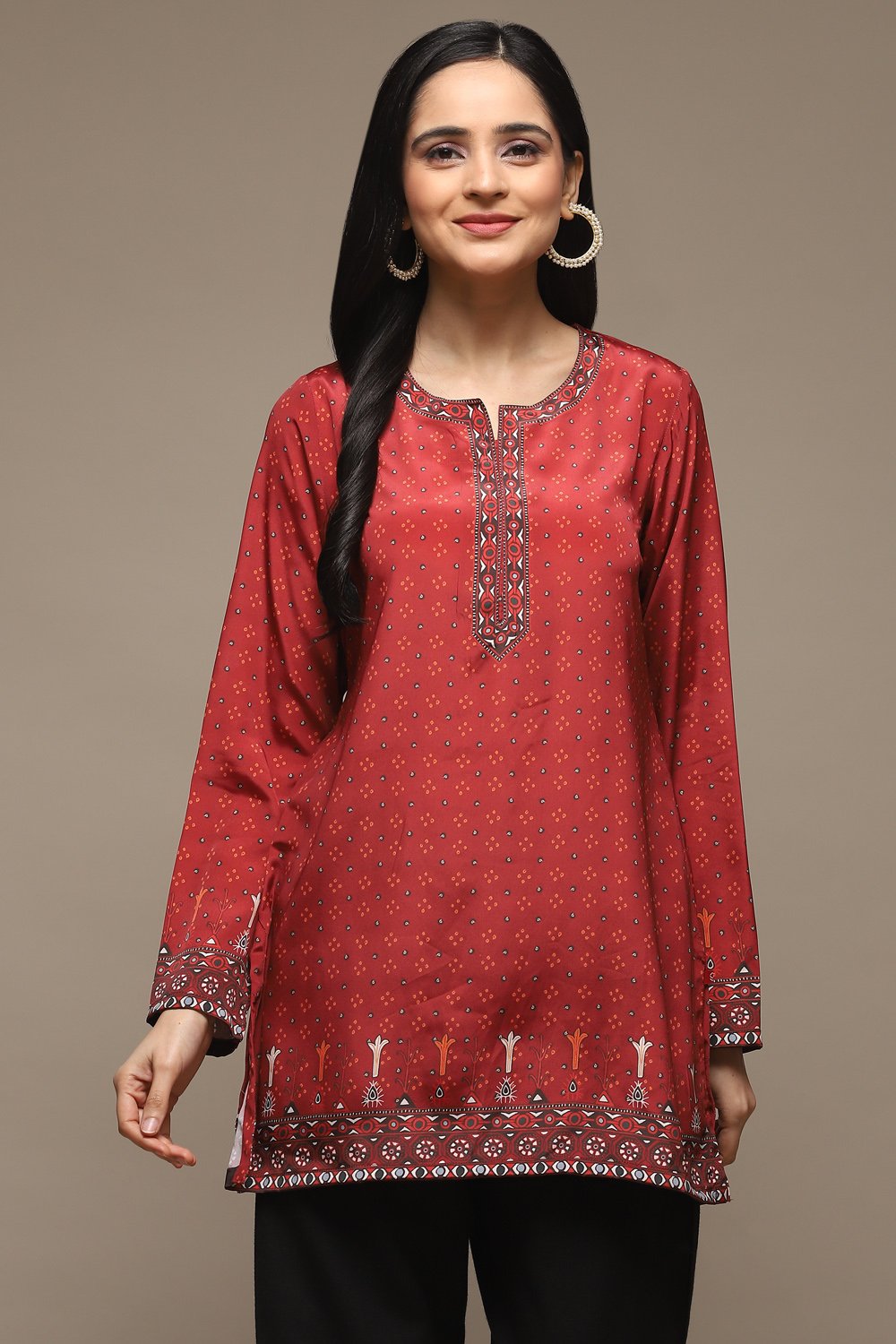 Red Cotton Blend Printed Kurti image number 5