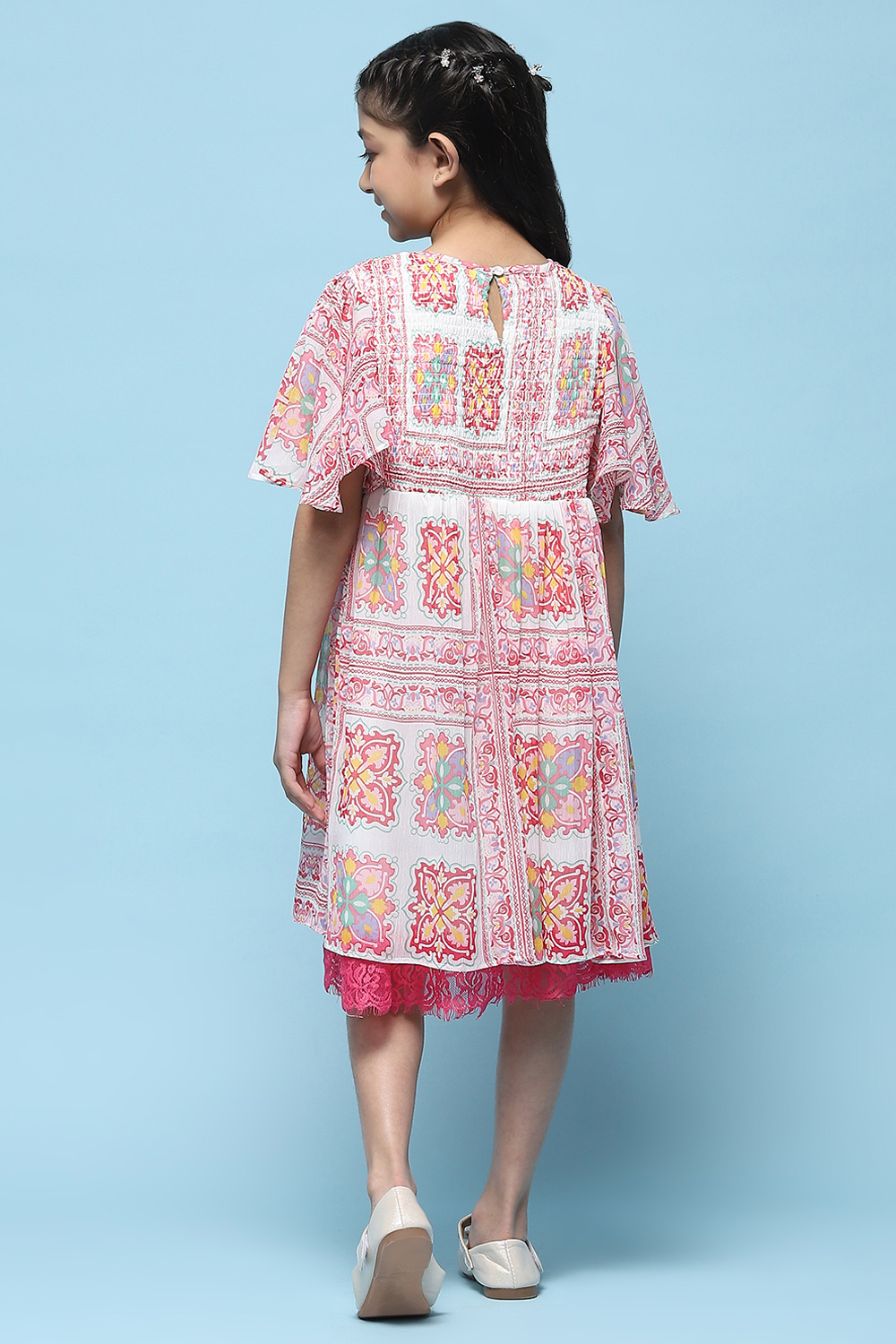 Pink Mosaic Printed Chiffon Dress With Smocking On Yoke image number 3
