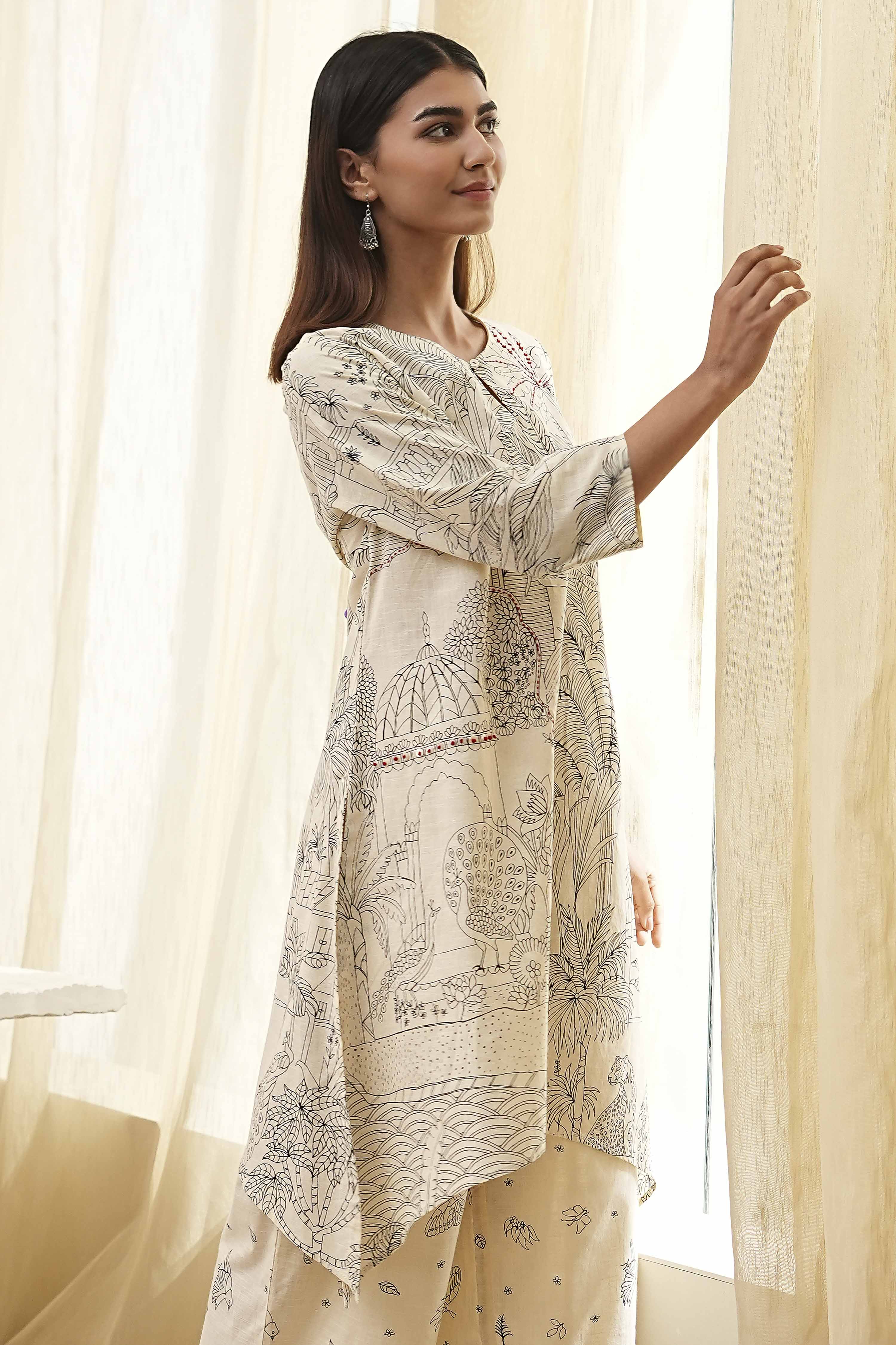 Off-White Cotton Straight Printed Kurta Set image number 6