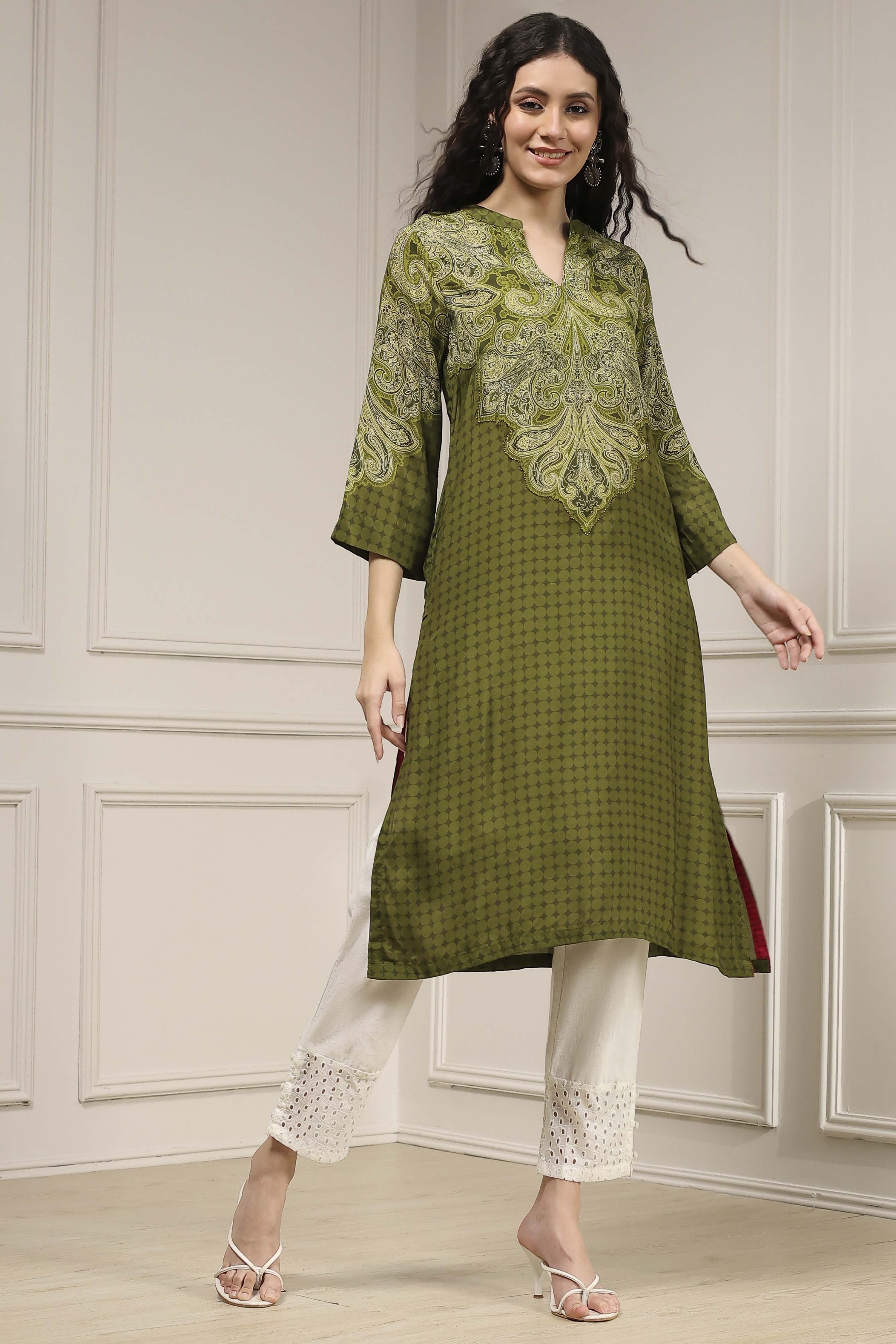 Olive Green Printed Straight Kurta image number 4