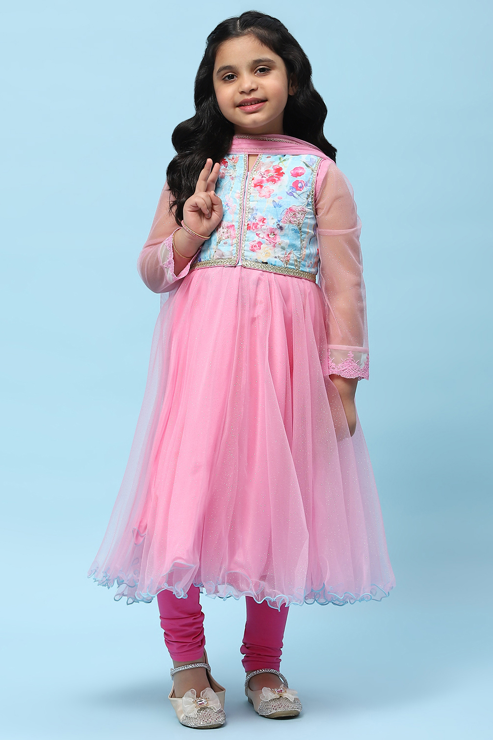 Pink Net Anarkali Kurta and Churidar Suit Set image number 0