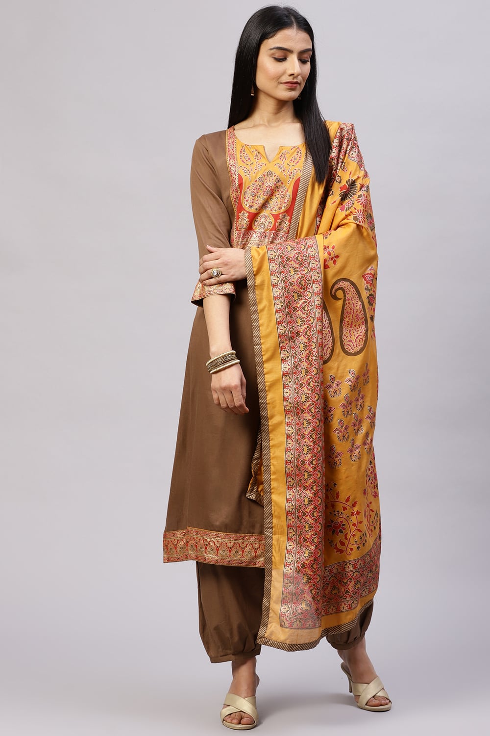 Brown Cotton Blend Digital Print Unstitched Suit Set image number 0