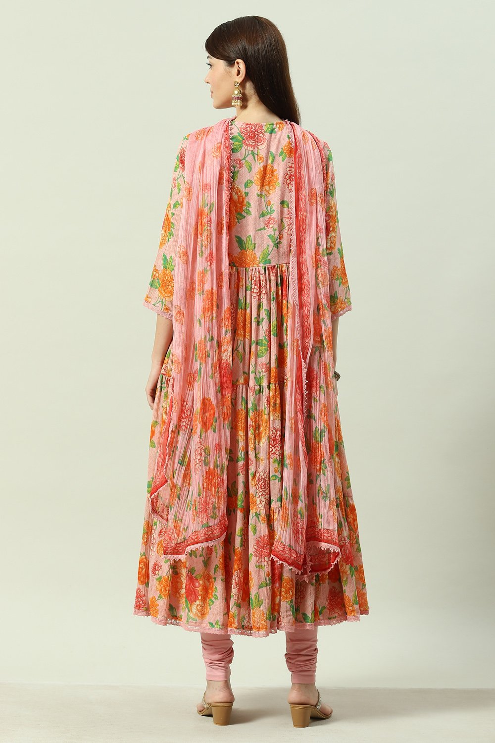 Peach Cotton Flared Kurta Churidar Suit Set image number 4