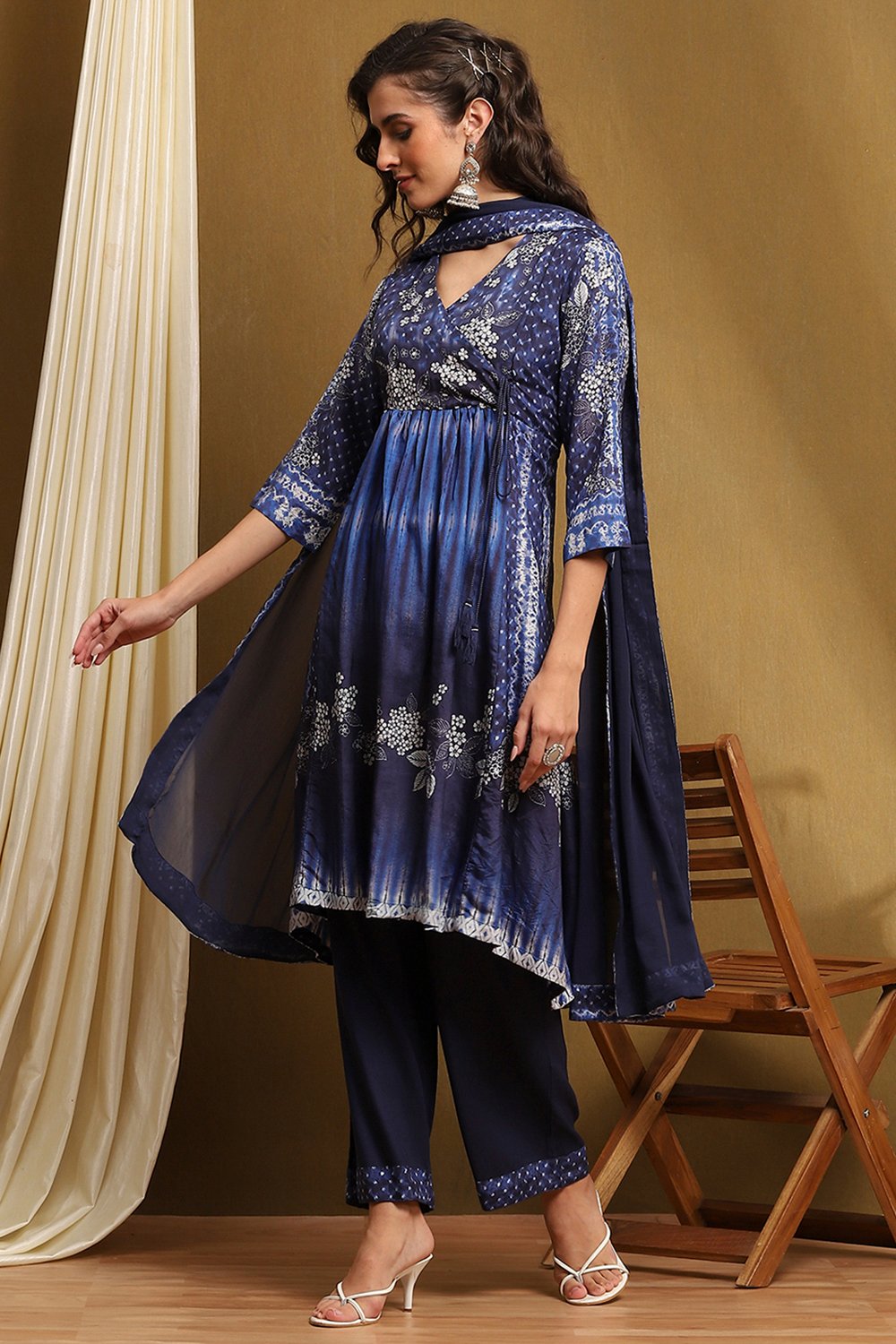 Indigo Modal Printed Angrakha Gathered Suit Set image number 0