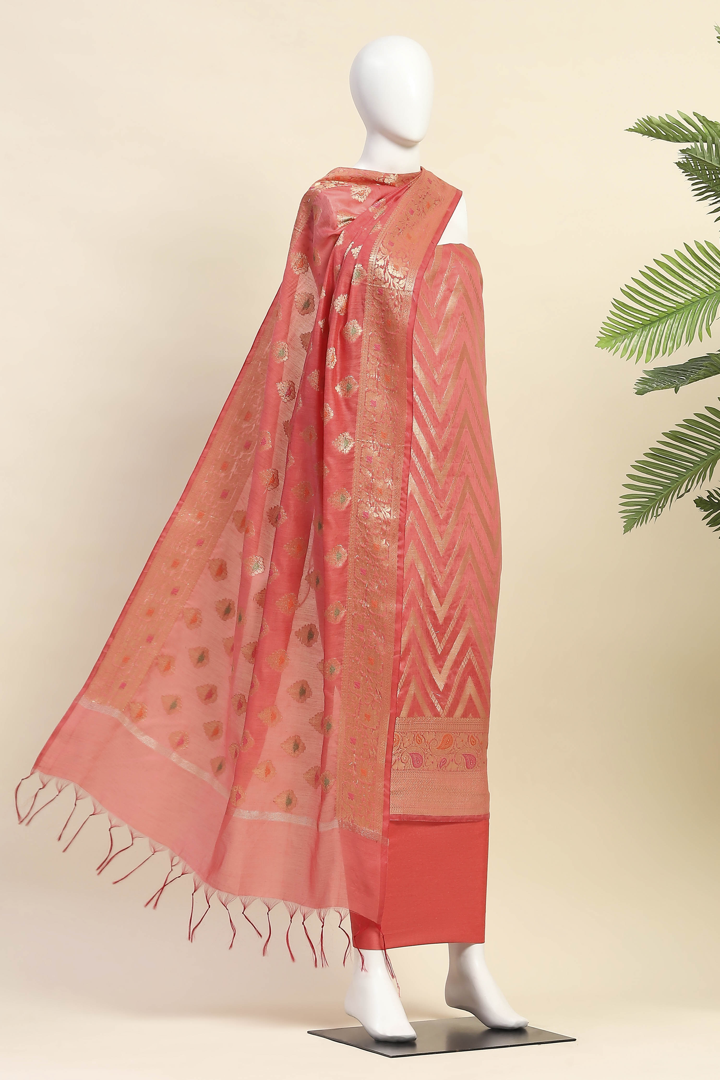 Hot Pink Poly Cotton Banarasi Unstitched Suit Set image number 4