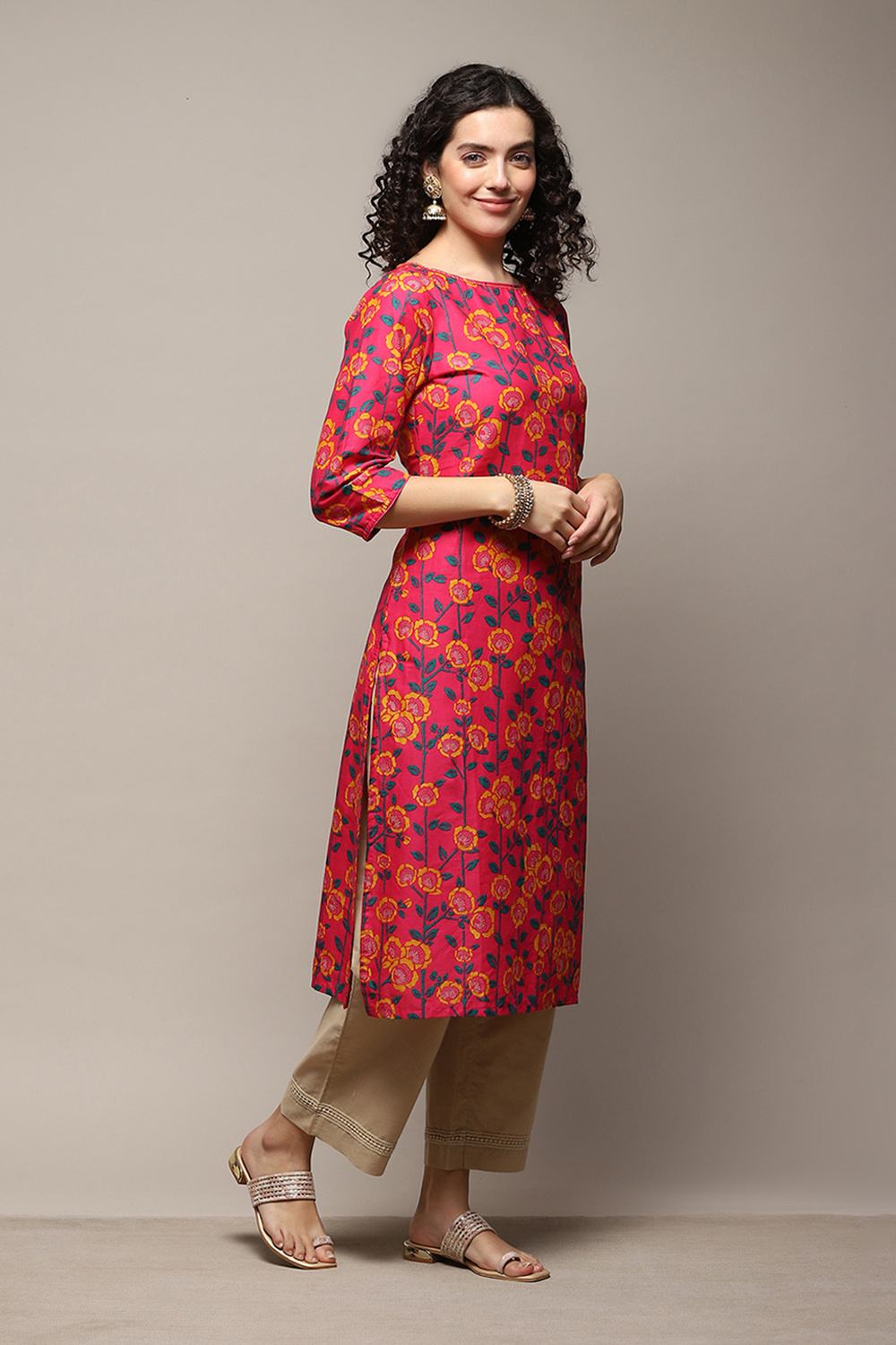 Fuchsia Cotton Straight Printed Kurta image number 4