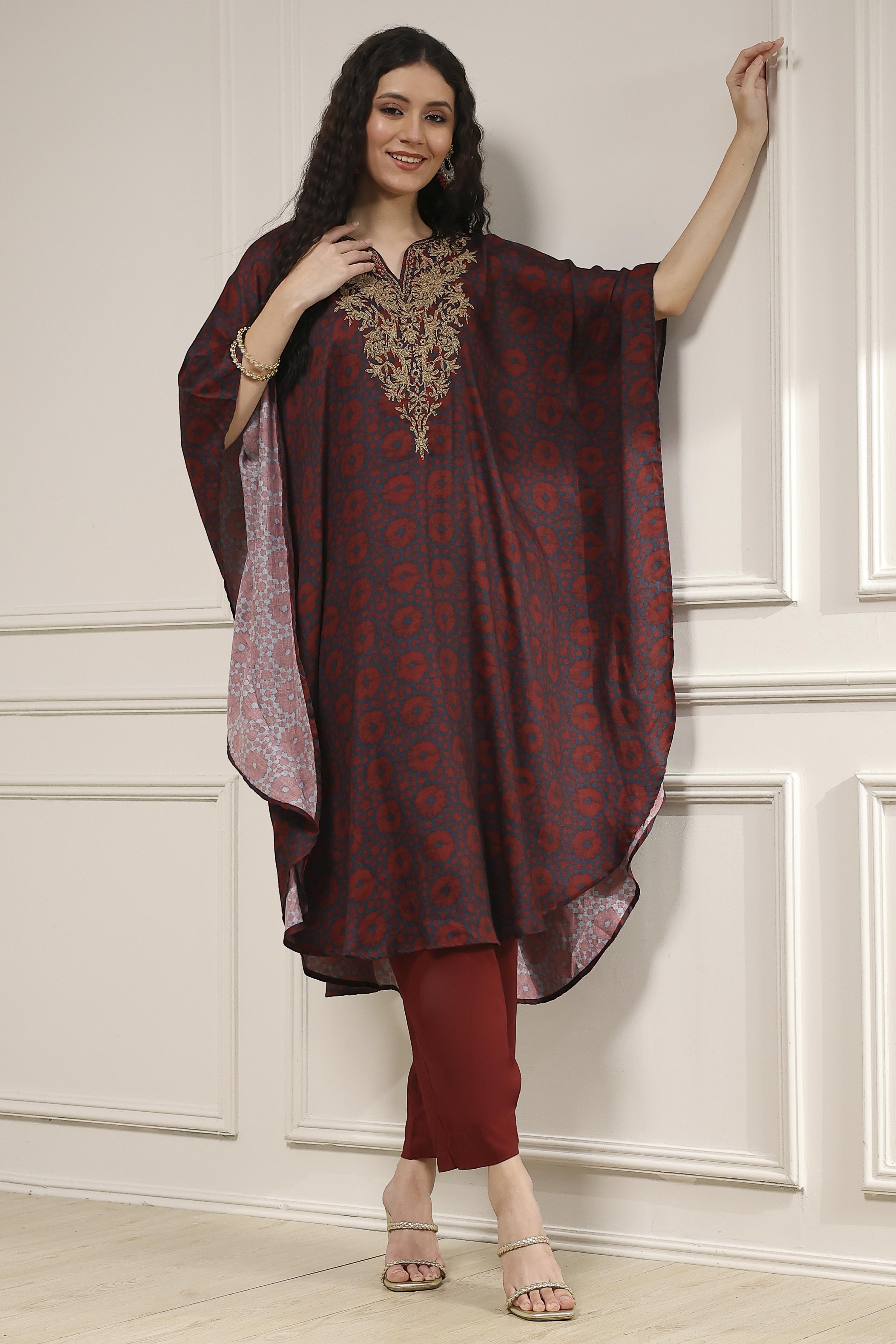 Blue and Brown Satin Printed Kaftan-Style Kurta Set image number 0