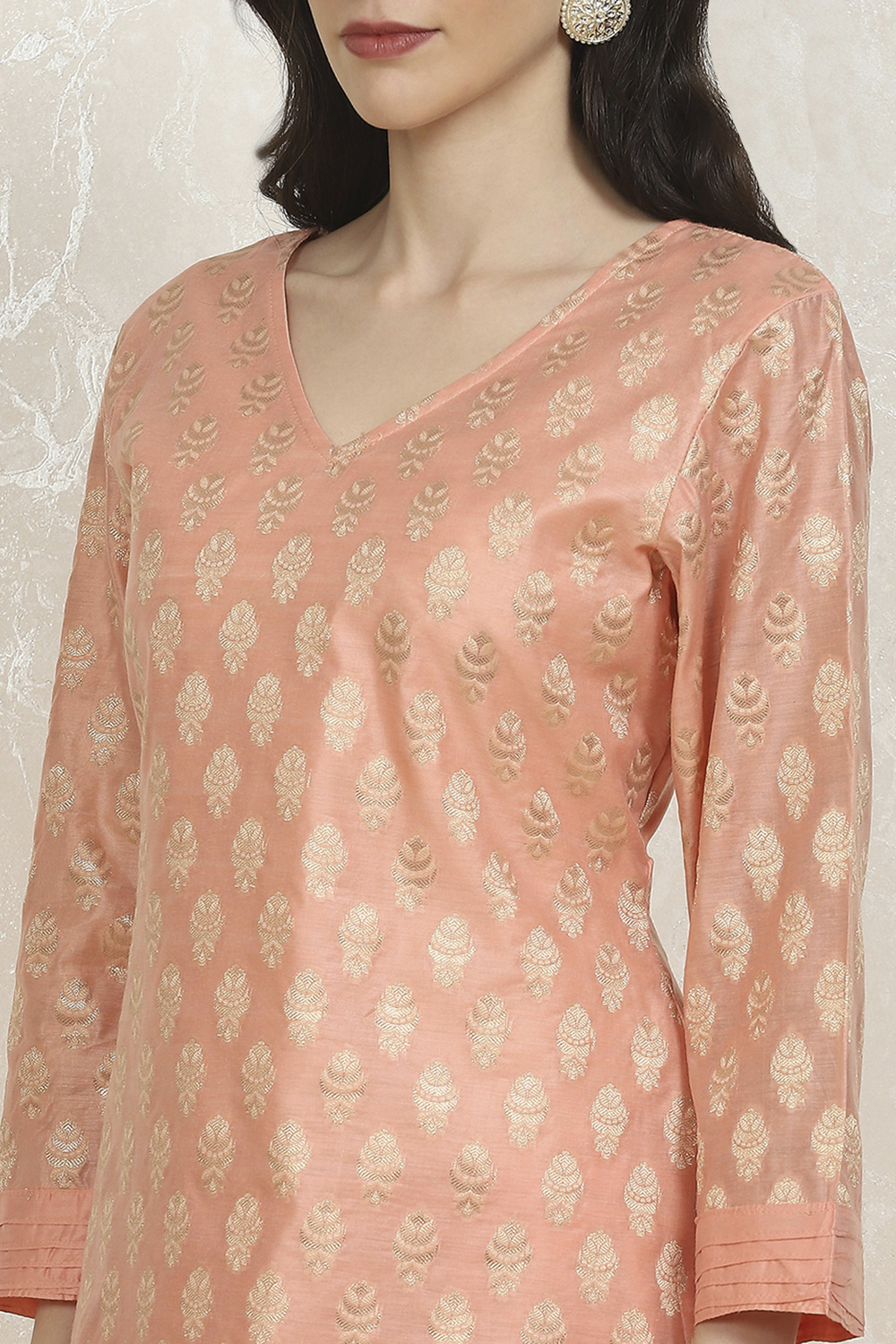 Peach Cotton Printed Embroidered Unstitched Suit Set image number 2