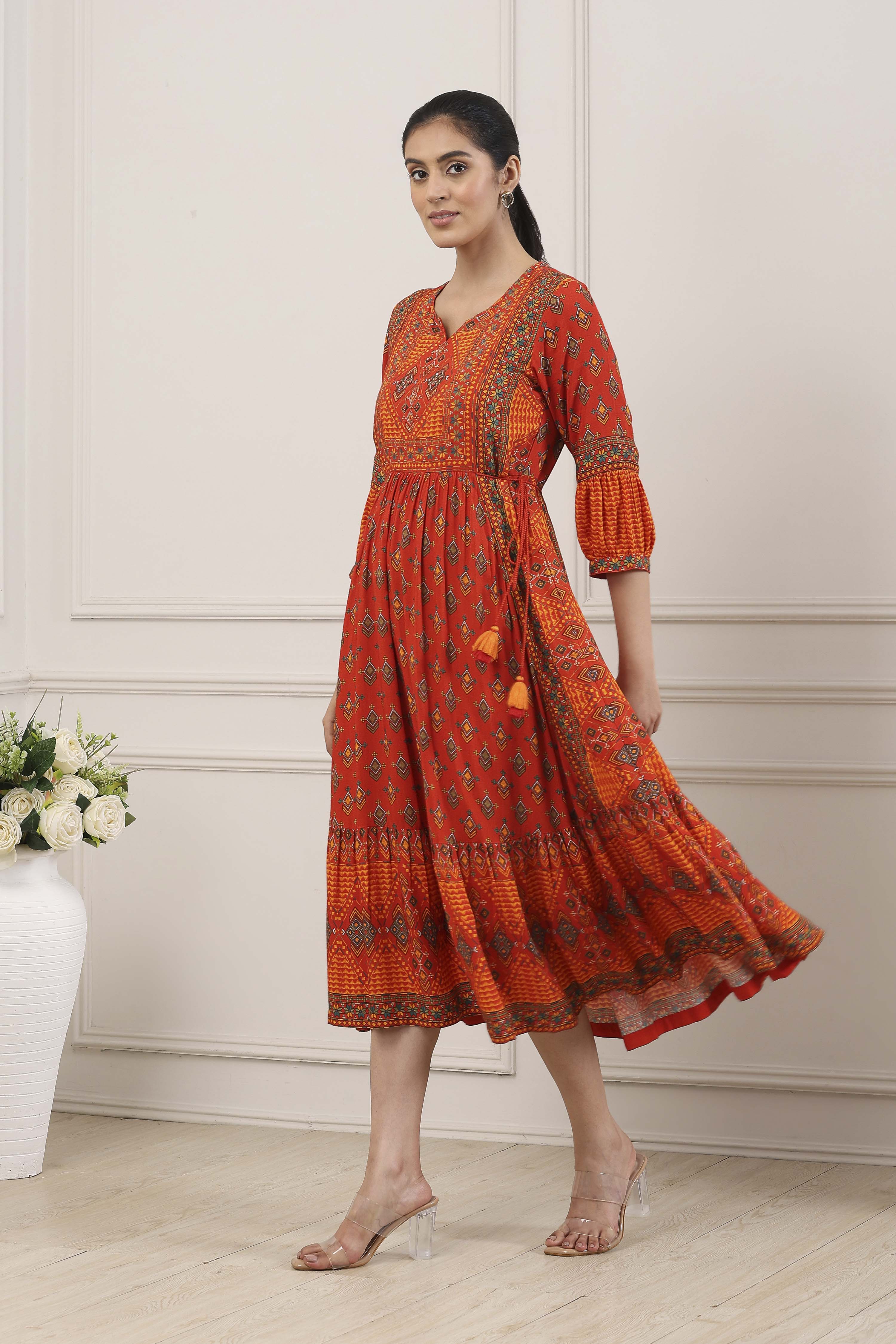 Rust Orange Ethnic Motif Printed Midi Dress image number 2