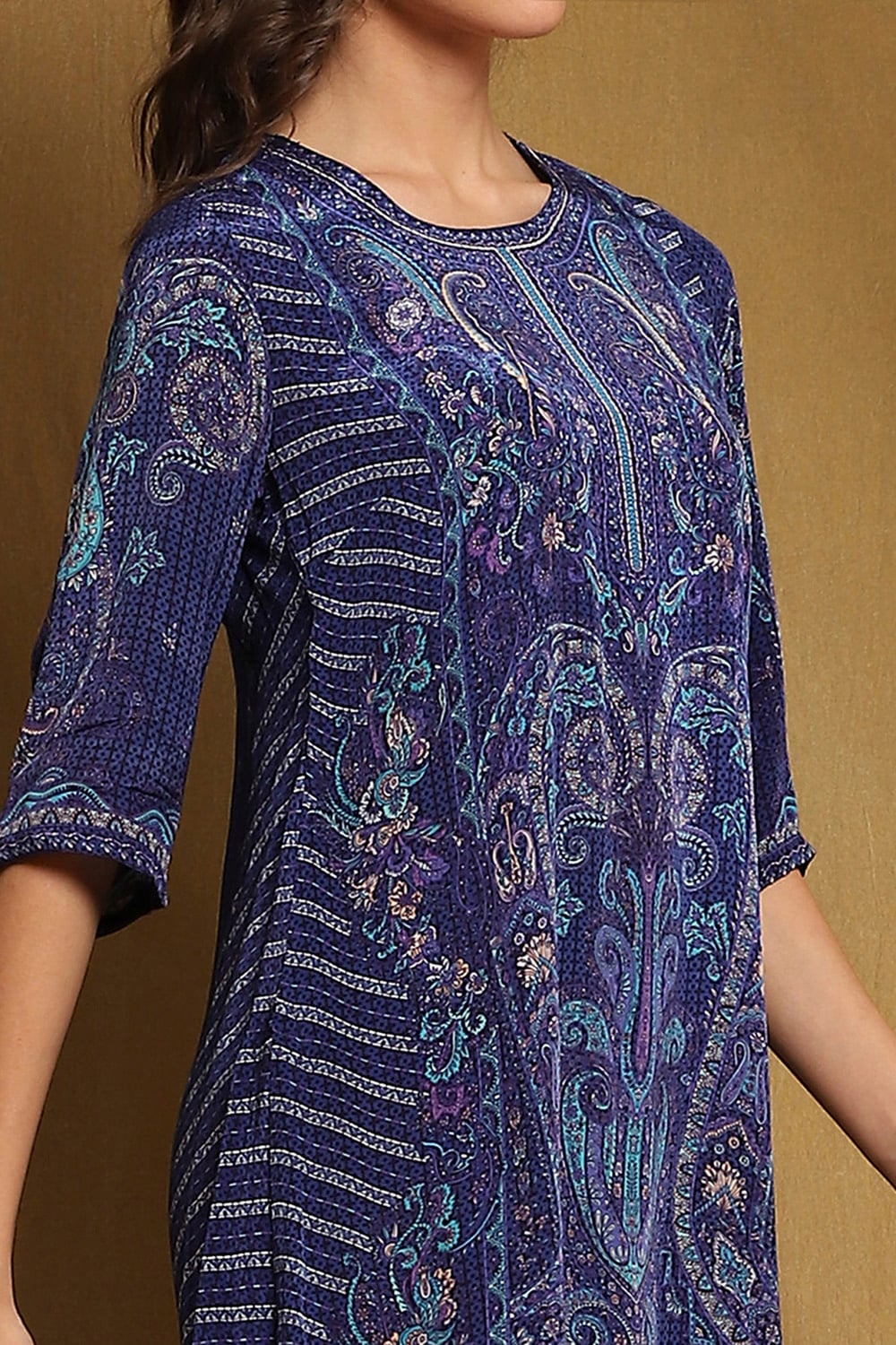 Blue Crepe Printed Asymmetric Kurta Set image number 1