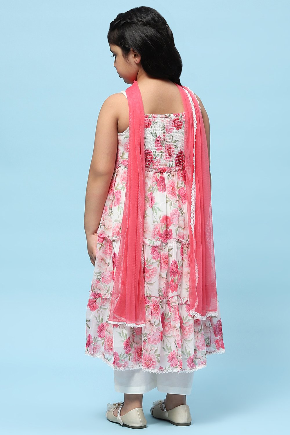 Off-White and Pink Poly Chiffon Floral Tiered Suit Set image number 5