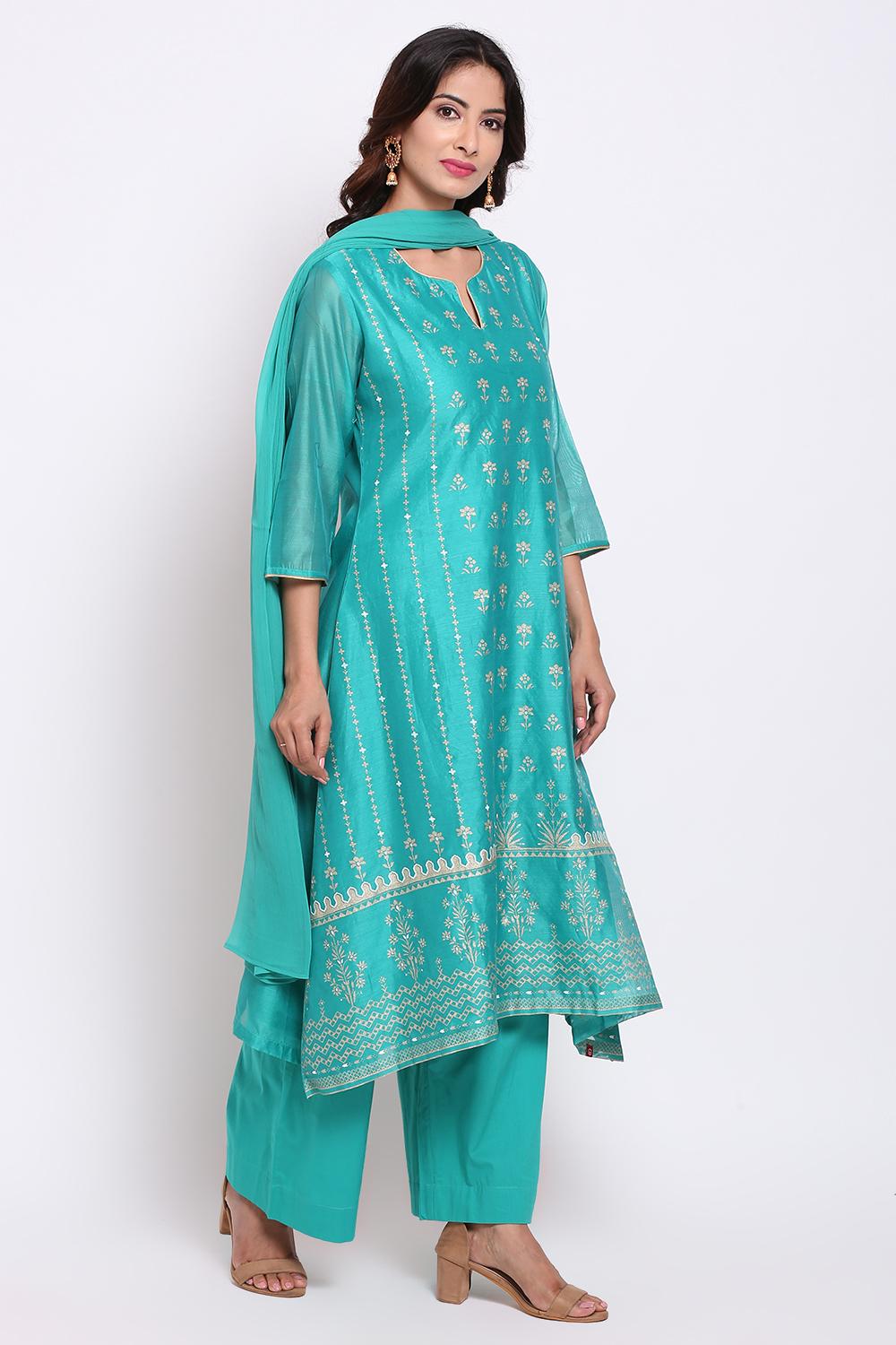 Green Straight Kurta Palazzo Suit Set image number 3