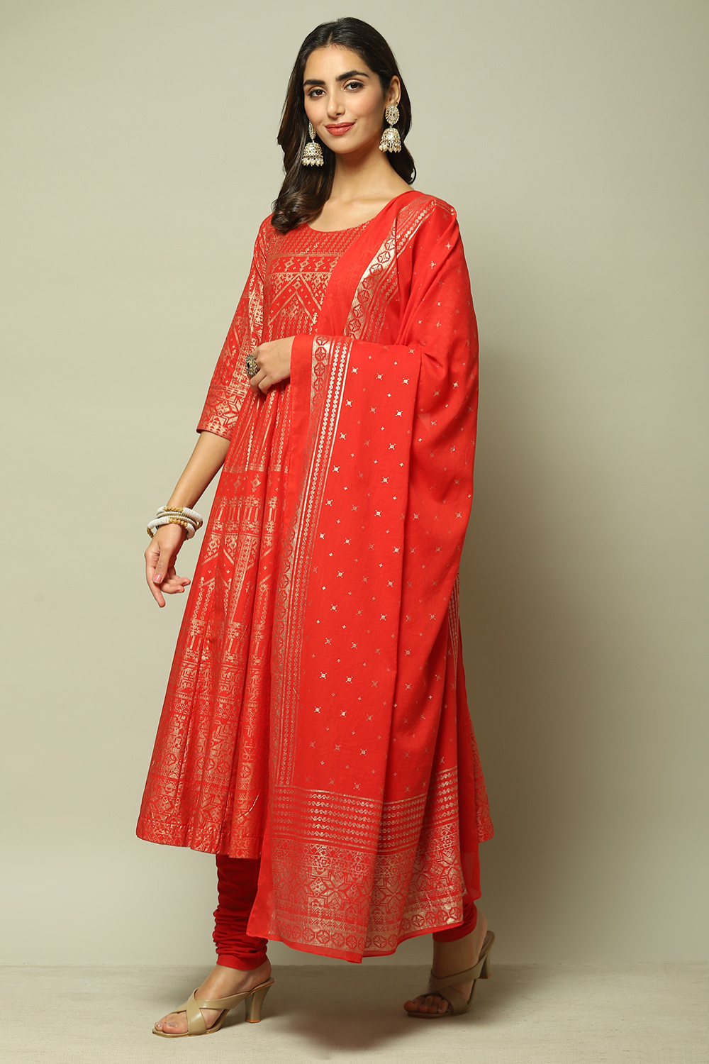 Teal Cotton Anarkali Kurta Churidar Suit Set image number 1