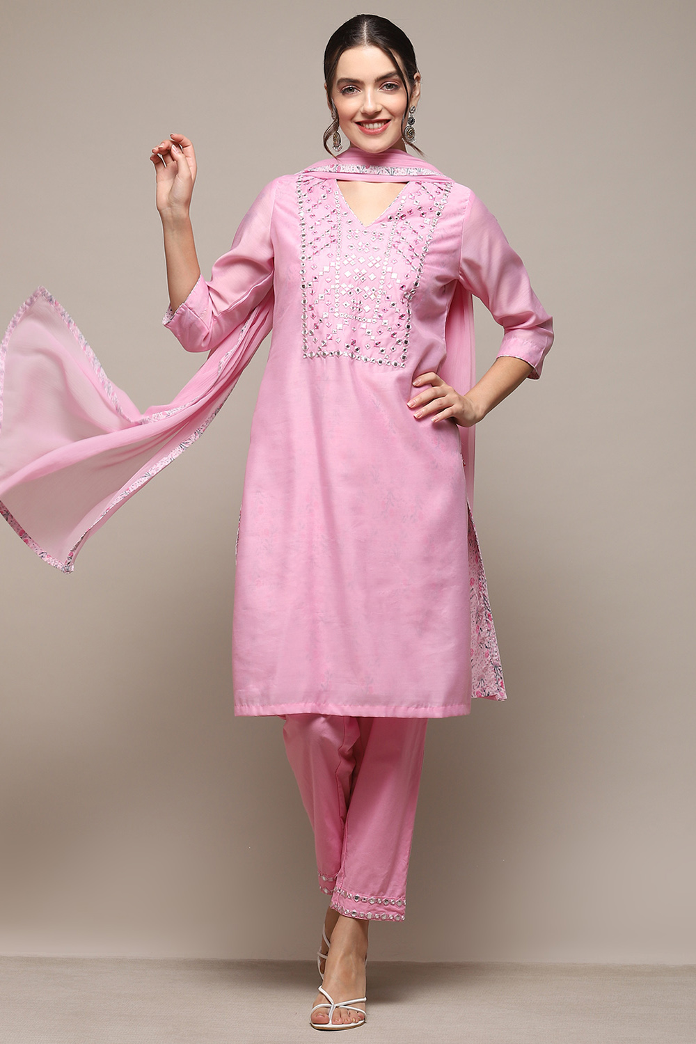 Powder Blue Cambric Narrow Kurta Pant Suit Set image number 7